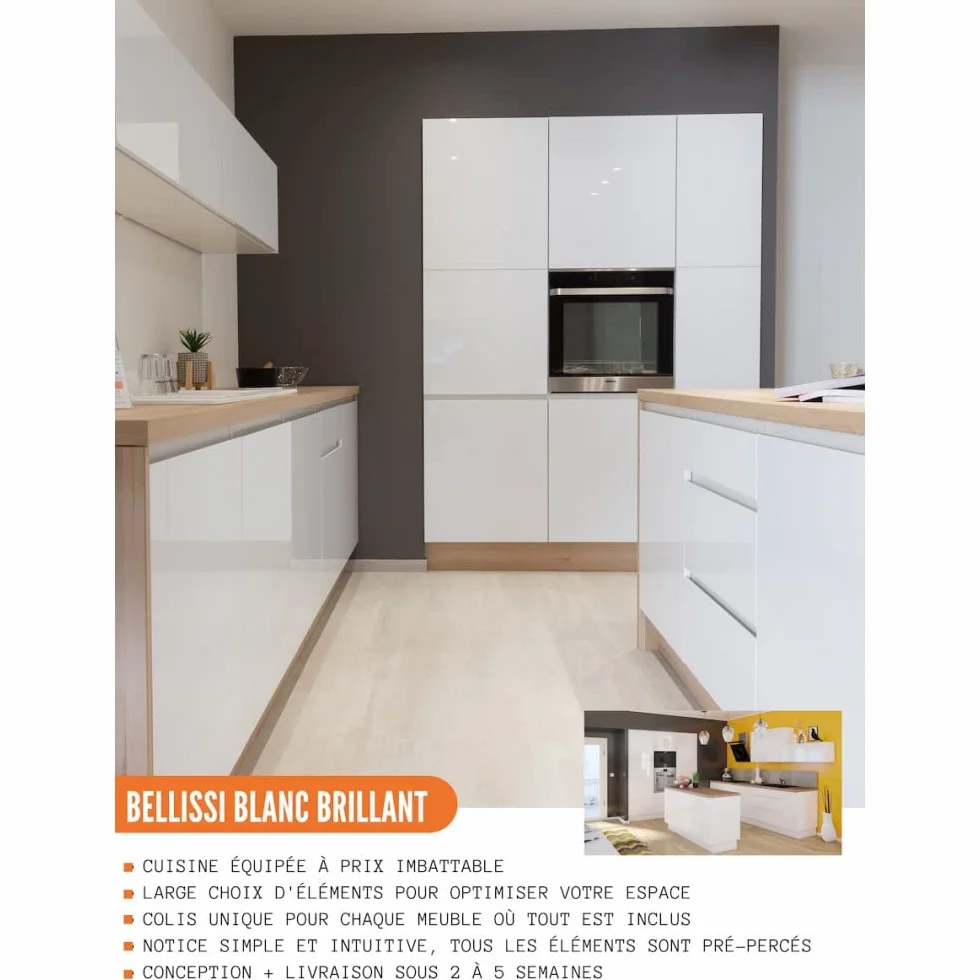 Cuisineandcie - Mueble Bajo de Cocina Bellissi Blanco Brillante 1 Puerta L 50 cm + 1 Estante, Armario Bajo