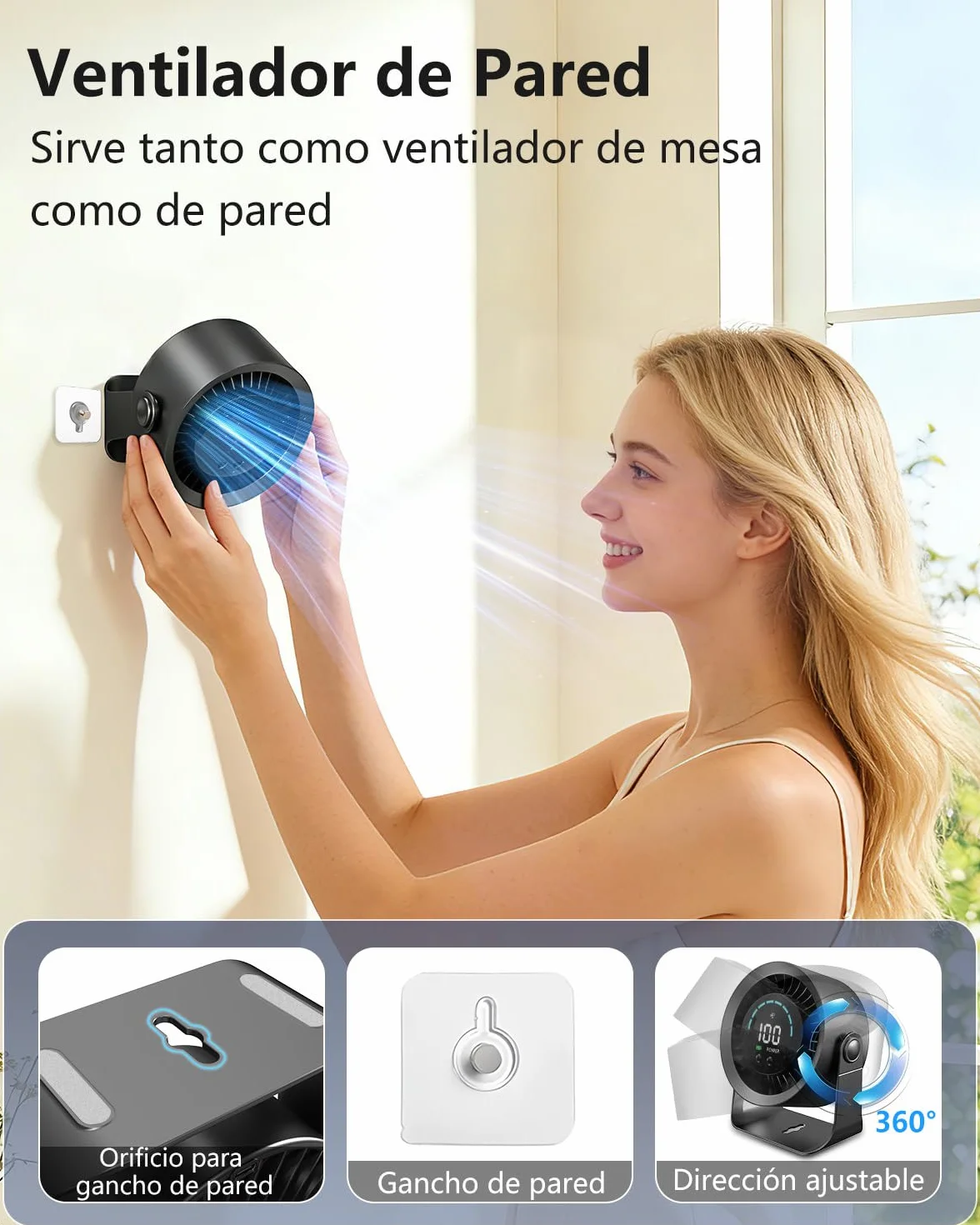 Ventilador de Mesa Silencioso 4000mAh USB Recargable, 100 Ajustes Continuos, Pantalla LED, 2 en 1 Escritorio/Pared - Negro