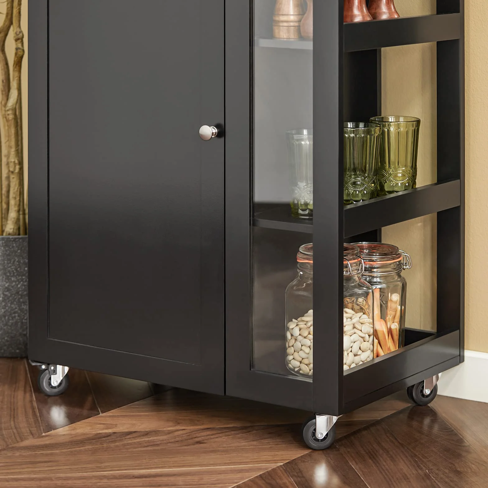 SoBuy Carrito Auxiliar con Ruedas y Estante Lateral 60 × 40 × 90 cm Cocina | Mueble auxiliar de cocina con armario y 2 baldas regulables en 6 posiciones, de MDF (E1) y cristal, para el comedor FKW75-SCH