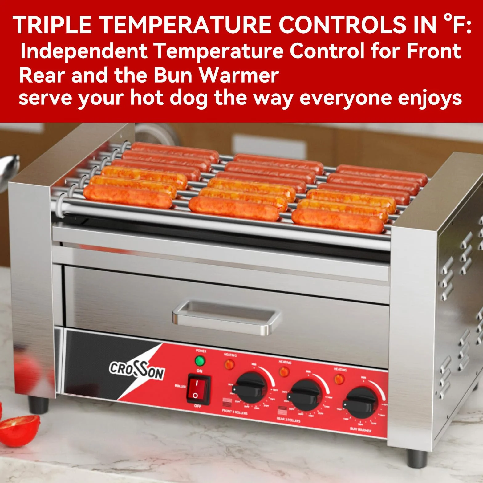CROSSON 2 IN 1 Maquina de Perritos Calientes Profesional 7 Rollos,1350W Hot Dog Maquina de Acero Inoxidable con 2 Zonas de Calentamiento y Control de Temperatura Dual