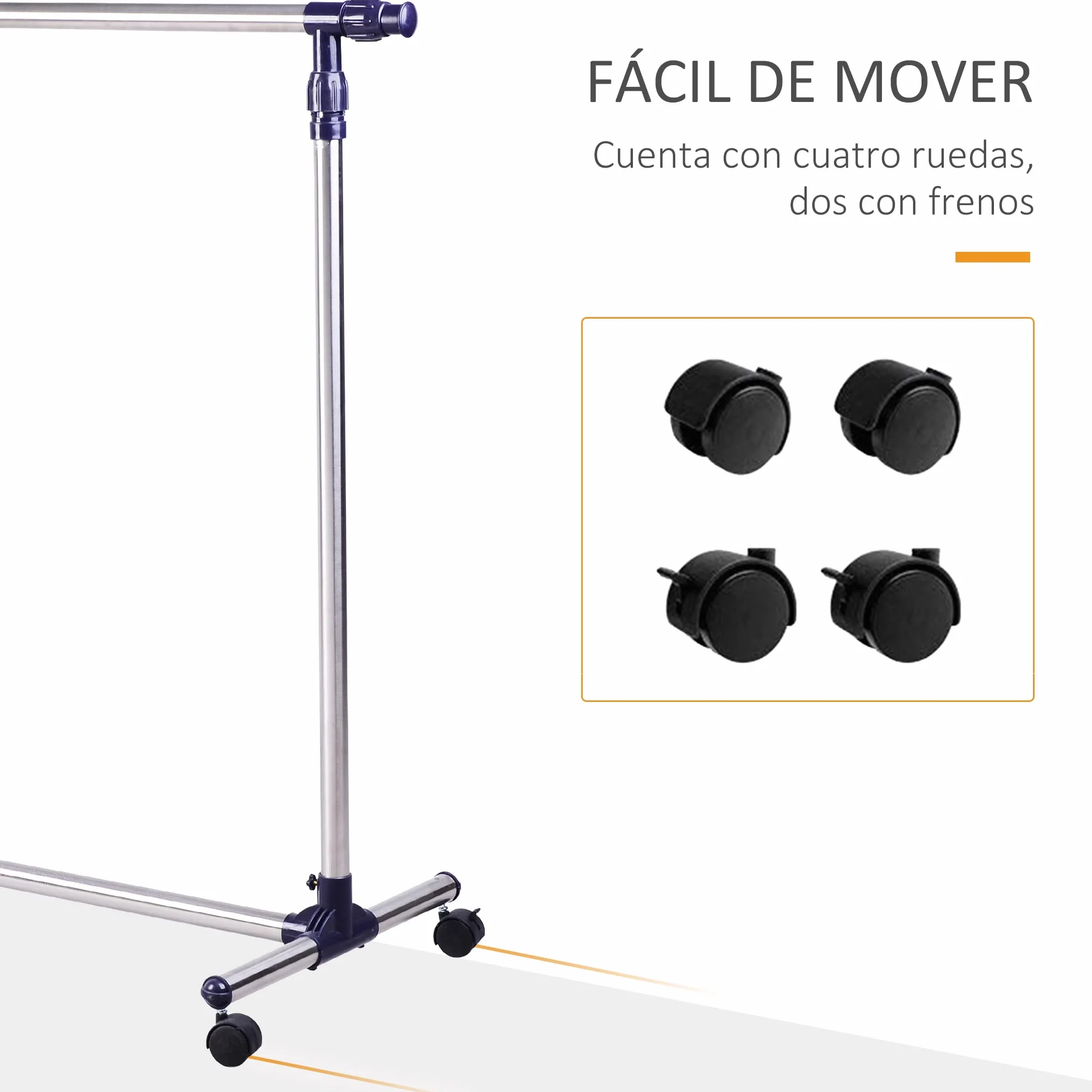HOMCOM Perchero Acero Inox Colgador Ropa 4 Ruedas Alto y Largo Regulables 86-160 x 45 x 95-170cm