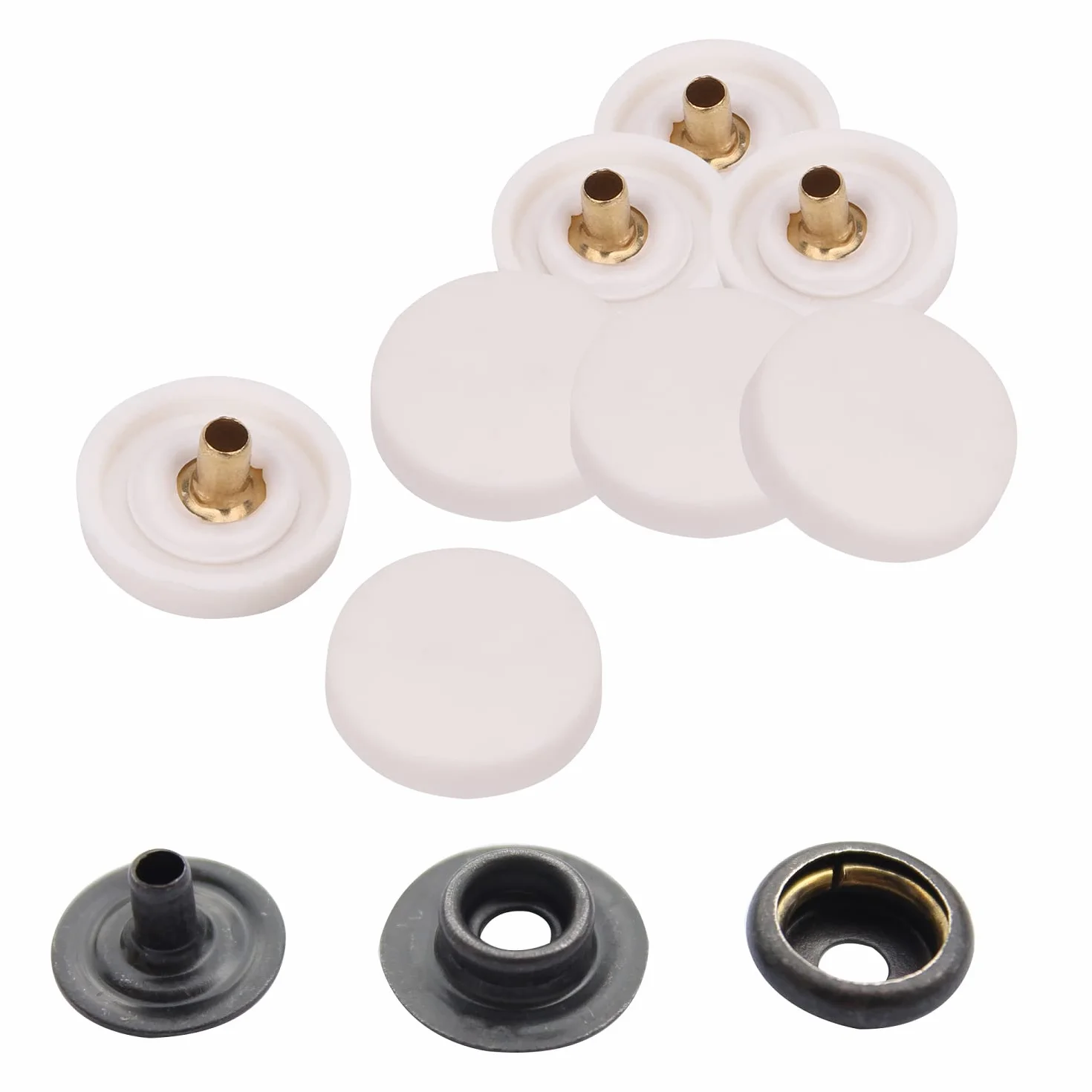 WedDecor Botones de presión sin costura, 4 piezas de cierres duraderos, tapa de plástico con broches traseros de metal para bolsos, jeans, ropa, tela, manualidades de cuero, blanco, 1000 piezas