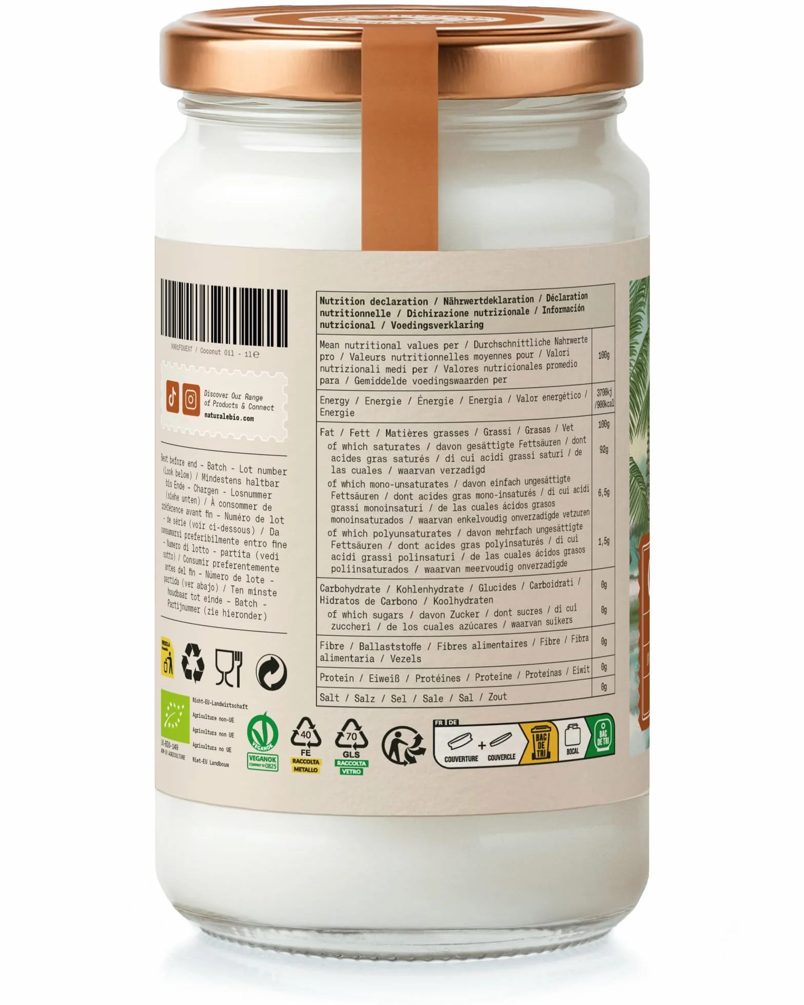 NaturaleBio Aceite de Coco Ecológico Virgen 1000 ml Crudo Prensado en Frío Orgánico