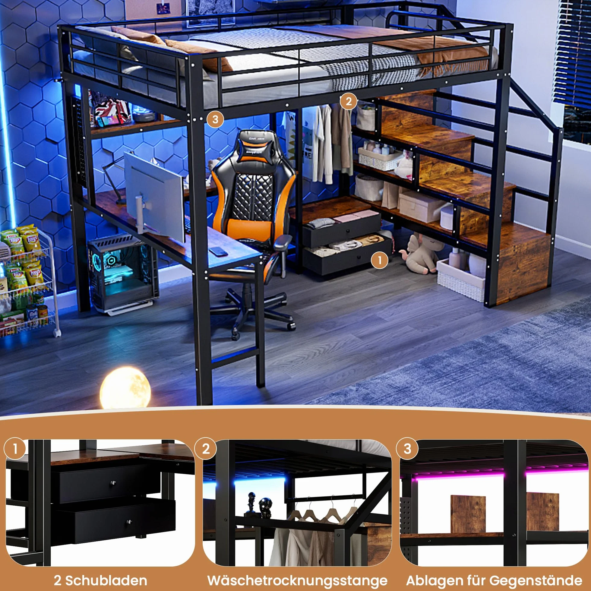 Cama alta de hierro 140 x 200 con luces LED, escritorio, 2 cajones, rejilla para colgar, litera para niños con escalera de almacenamiento, estructura de cama individual, color negro