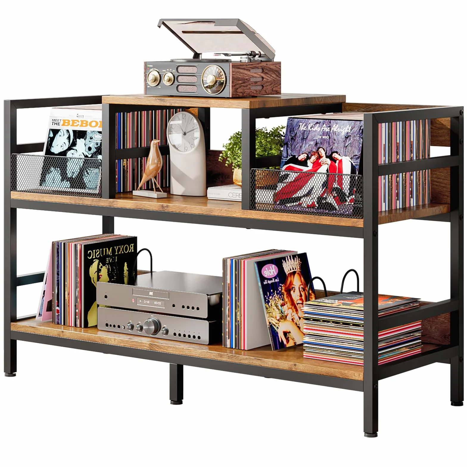 Mueble para Tocadiscos con Almacenamiento de Vinilos, Estantería Retro 3 Niveles, Capacidad 350 LPs, 116.5×37×77.5cm