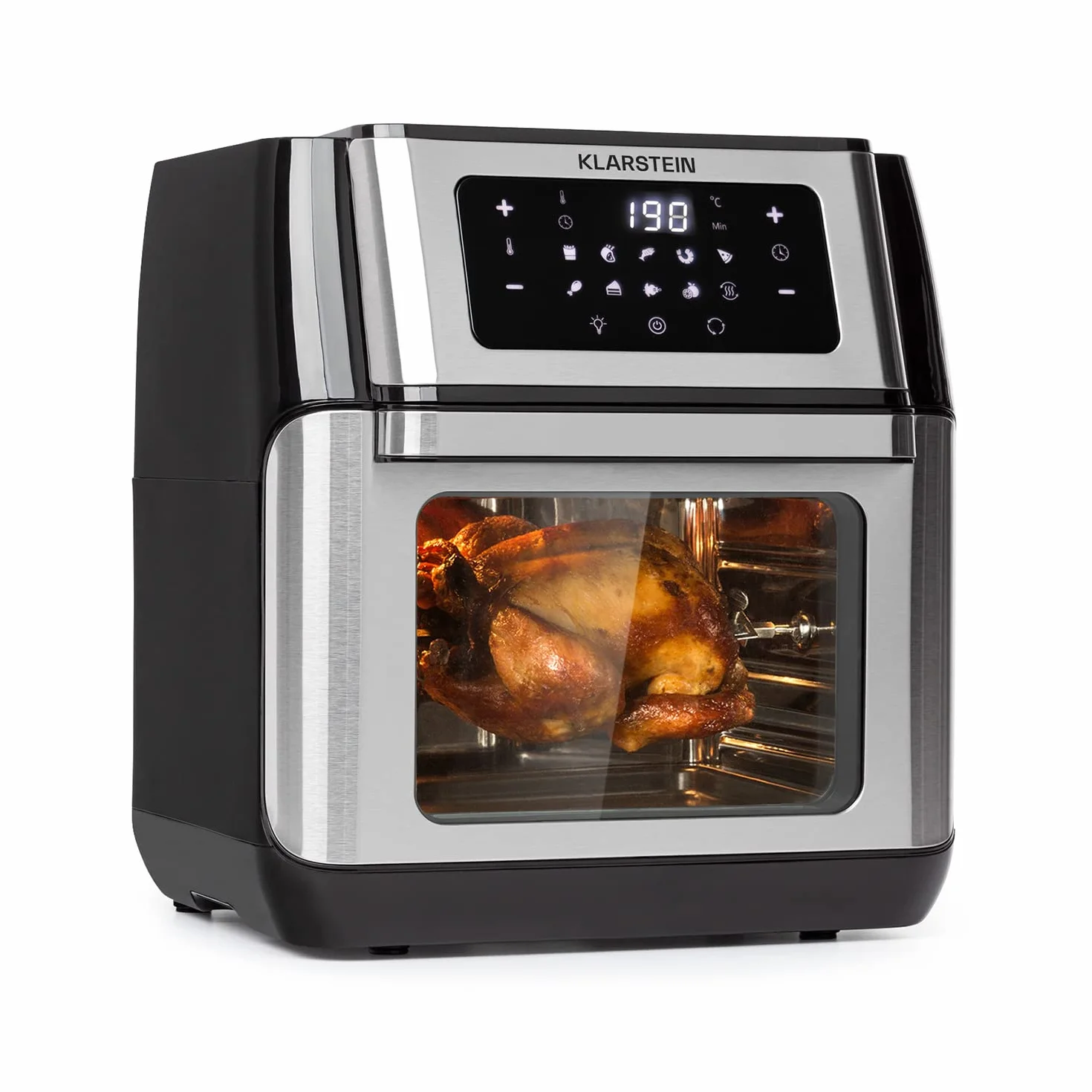 Klarstein AeroVital Fry - Freidora de Aire, 3D Heating System 1500 W, Volumen XL 10 L, 9 Programas, Carcasa Cool-Touch, Temporizador 60 min, Termostato hasta 220 C, Pantalla Tactil, Negro/Plata