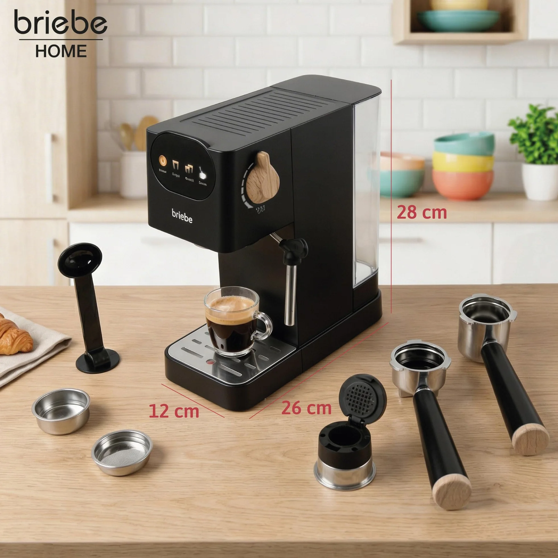 briebe Nordic Cafetera Espresso 20 Bares Compatible Cápsulas Nespresso y Café Molido, Máquina Café Semiautomática Profesional 1350W, Espumador Leche, Pantalla Táctil, 1,2L, Diseño Nórdico, Negro