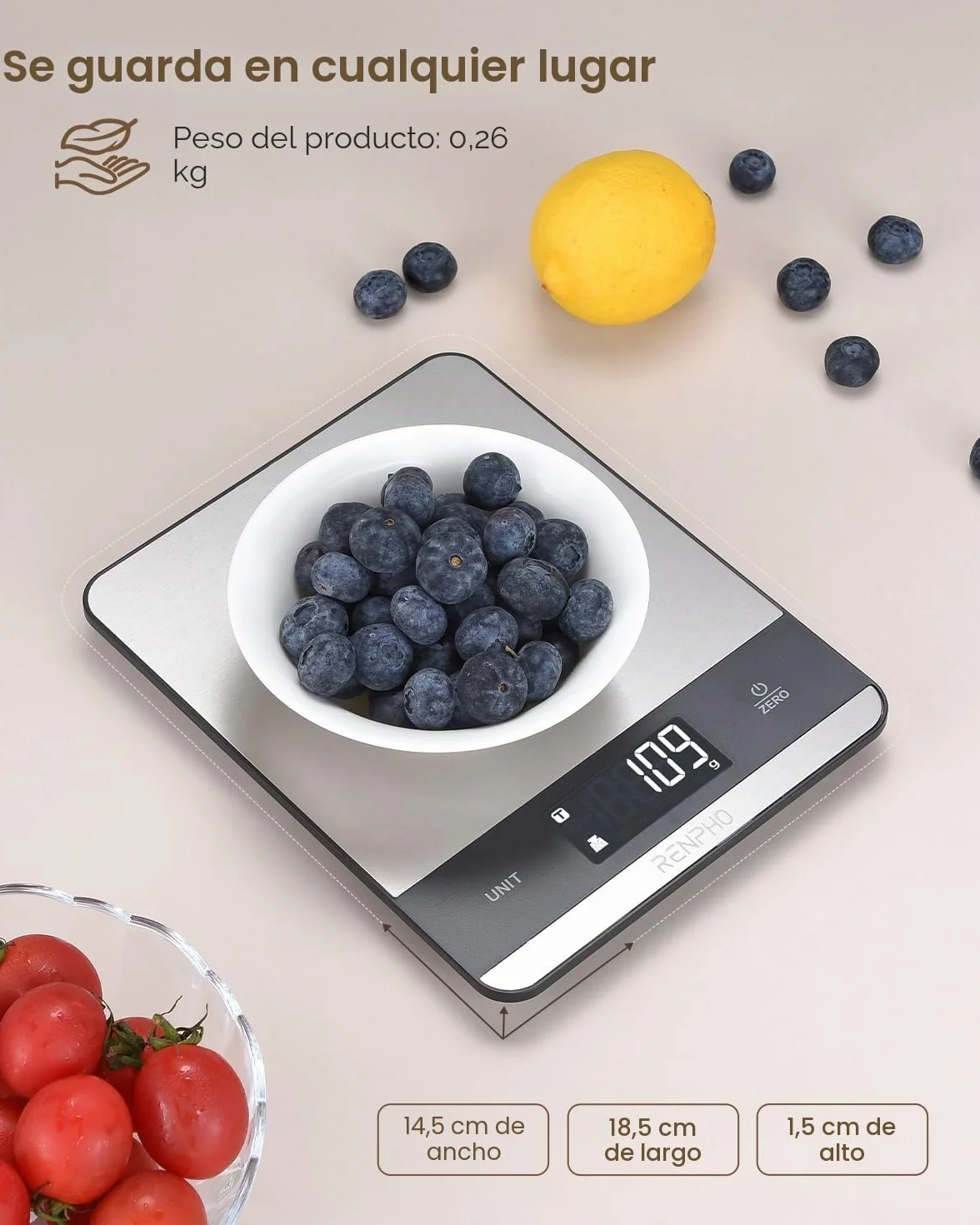 RENPHO Bascula Cocina Acero Inoxidable con 7 Unidades, Alta Precisión Balanza Peso de Cocina Digital, Bascula Comida para Hornear, Cocinar, Pantalla LCD, Batería Incluida