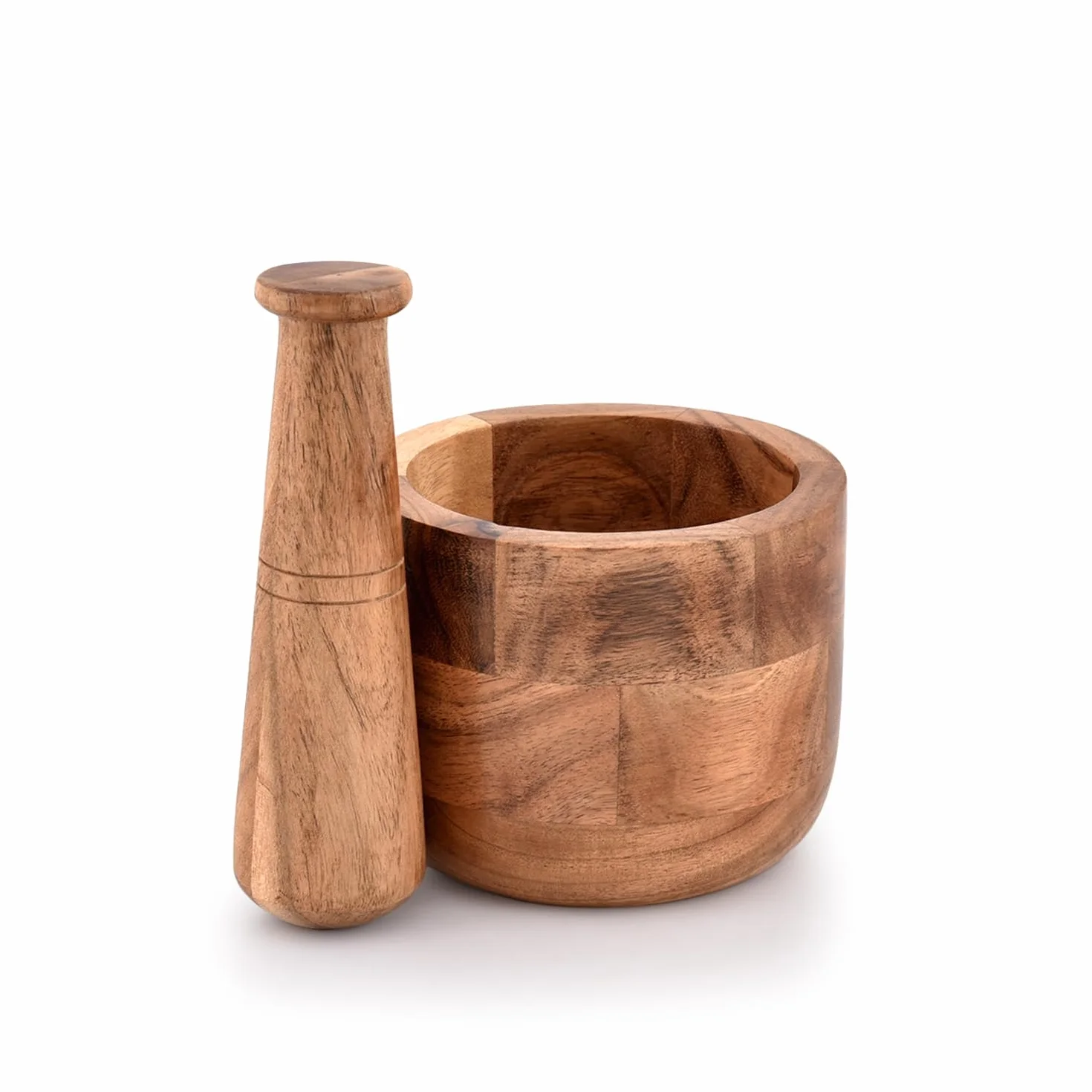 Samhita Mortero de madera de acacia hecho a mano, perfecto para moler hierbas, ajo, especias de nuez y uso esencial de cocina