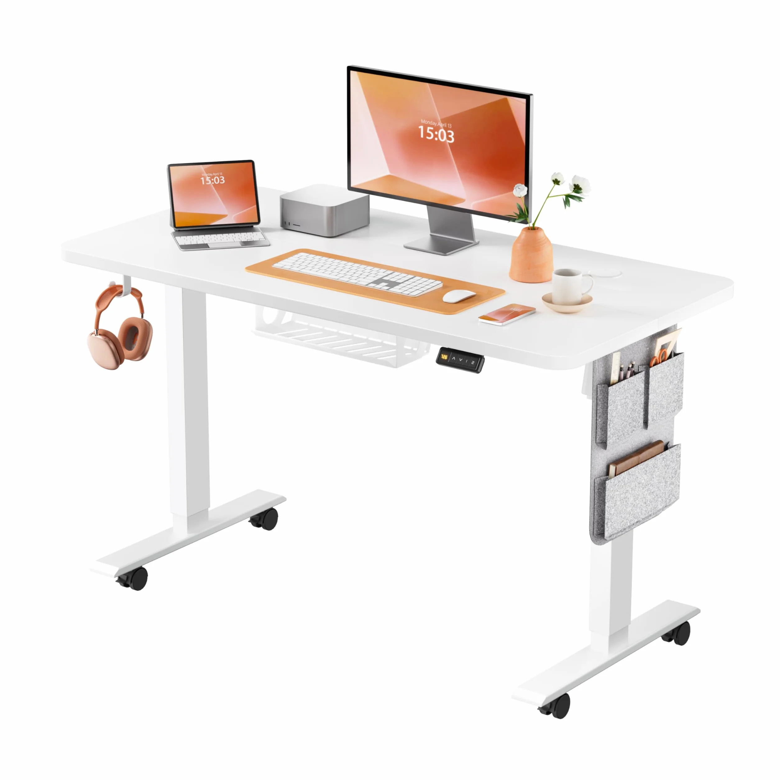 MAIDeSITe Mesa Elevadora Eléctrica de Altura Ajustable, 120 x 60 cm Mesa de Pie y Sentado con Bandeja para Cables, Gancho y Bolsillos de Almacenamiento, Mesa Elevadora con Controlador de Memoria