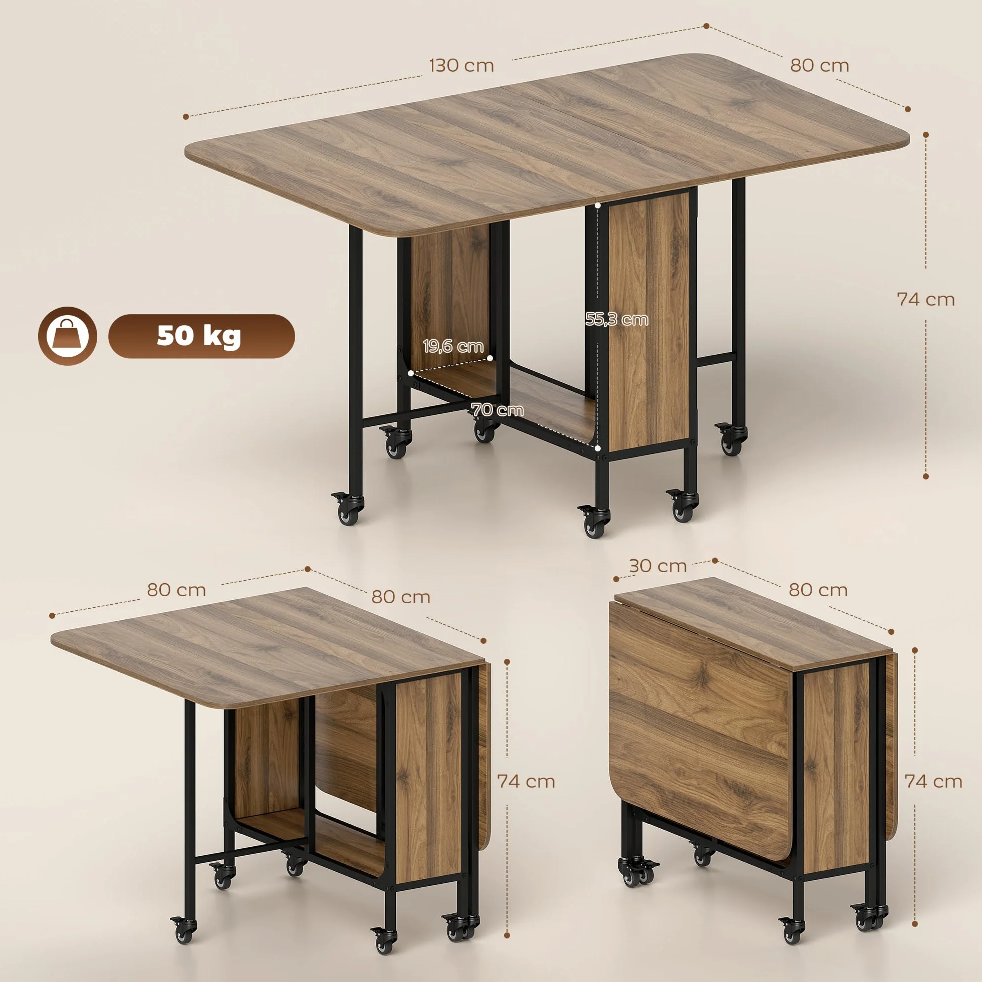 HOMCOM Mesa Plegable de Comedor con Ruedas Alas Abatibles y Estante de Almacenamiento Mesa de Cocina Plegable para Salón 130x80x74 cm Madera Marrón
