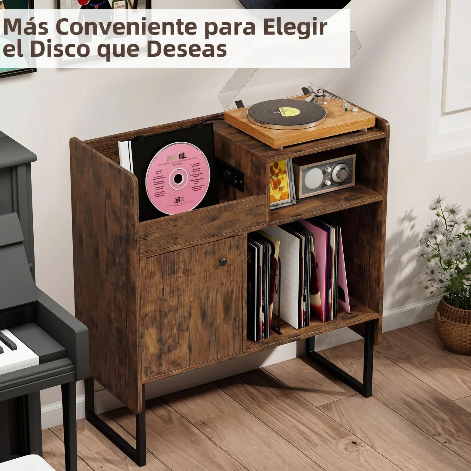 COSTWAY Mueble para Tocadiscos con Almacenamiento de Vinilos, Soporte Industrial, 80 x 35,5 x 85,5 cm
