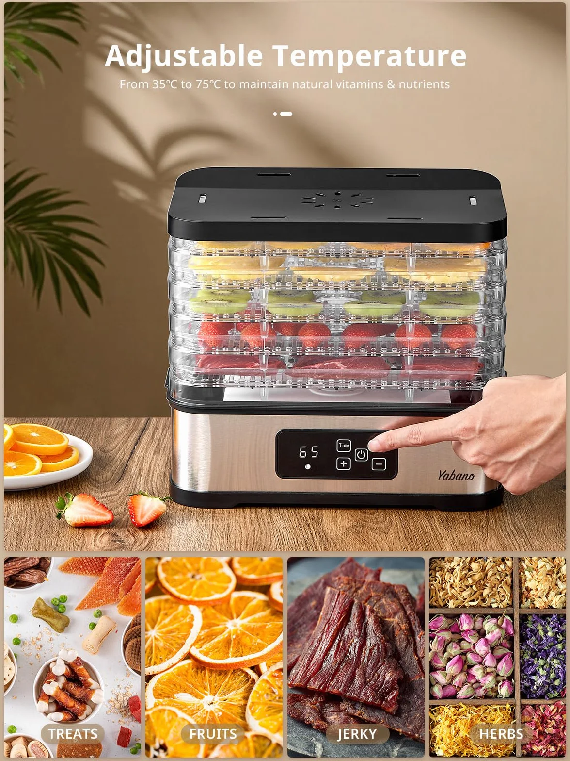 Deshidratador de Alimentos 5 Bandejas, Temperatura 35-70°C, Temporizador 72h, Libre de BPA