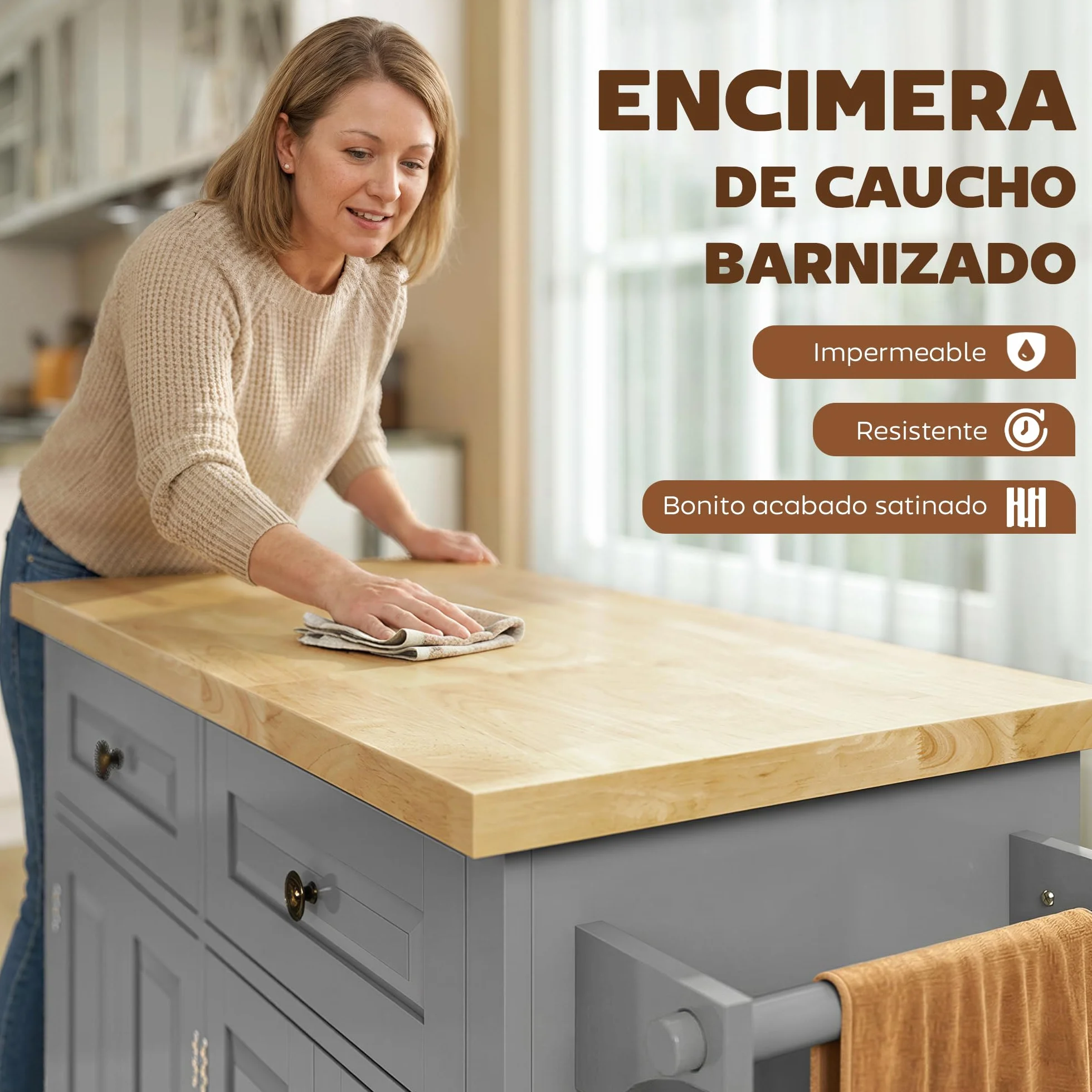 HOMCOM Isla de Cocina con Ruedas Carro de Cocina con 2 Cajones 4 Puertas Especiero Encimera de Madera Estante Ajustable y Barra Lateral para Comedor 111x44,5x82,5 cm Gris