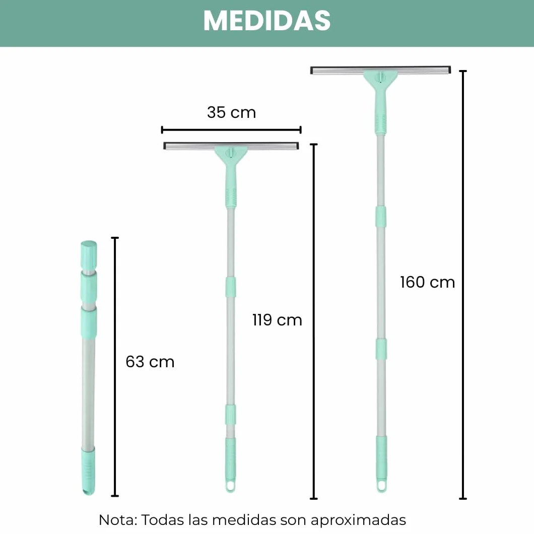 edihome, Limpia Cristales Telescópico Extensible con Longitud hasta 160 cm, Limpiacristales con 2 Cabezales, Rasqueta Tipo Escobilla de Silicona para Ventanas, Ducha y Espejo (Set Completo)