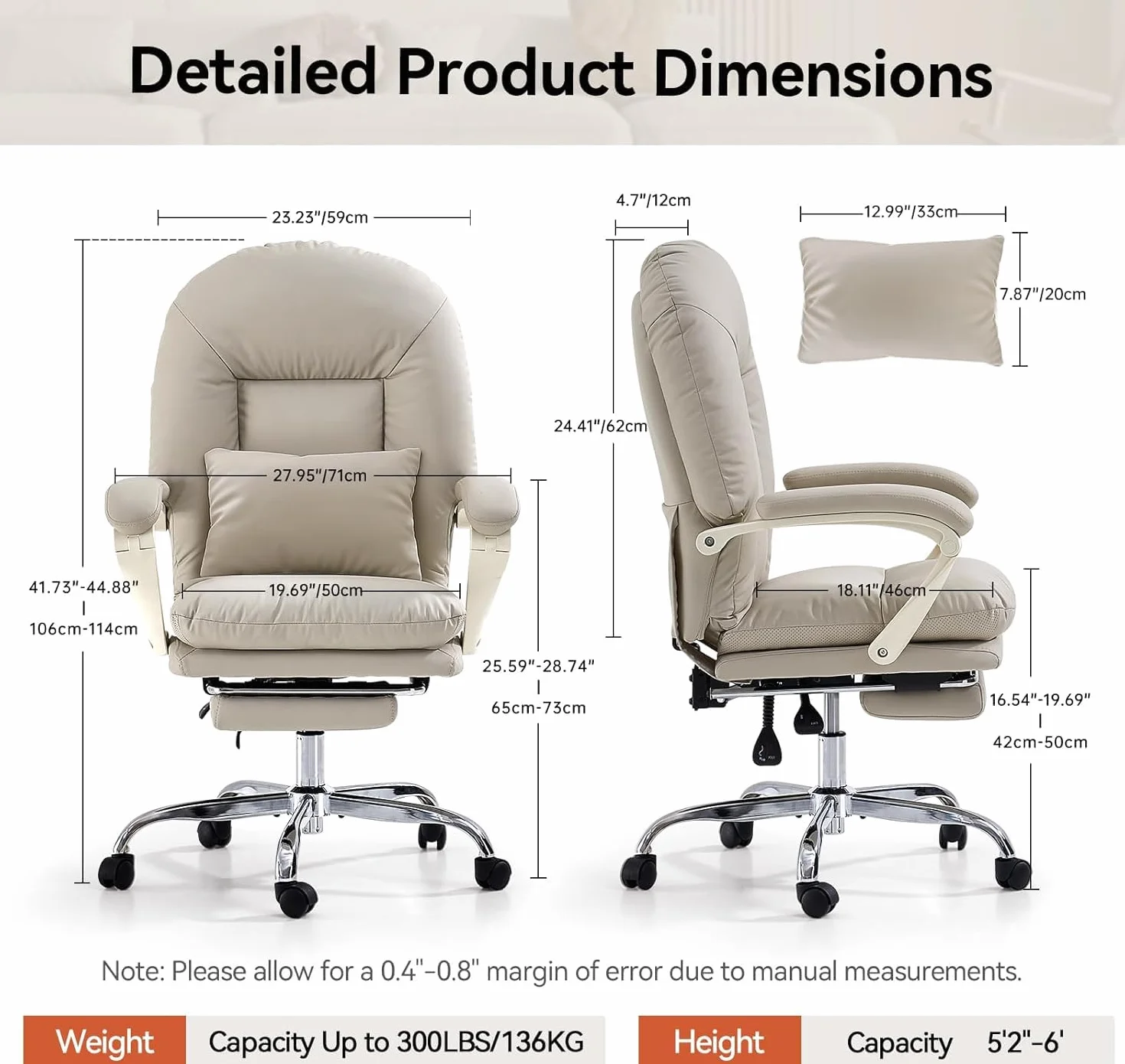 EMIAH Silla de Oficina Ergonómica con Reposapiés, Silla de Escritorio Ejecutiva Reclinable, Sillón de Cuero PU, Modernas Cómoda Silla de Ordenador Tocador con Ruedas, Bonita Silla para el Hogar, Beige