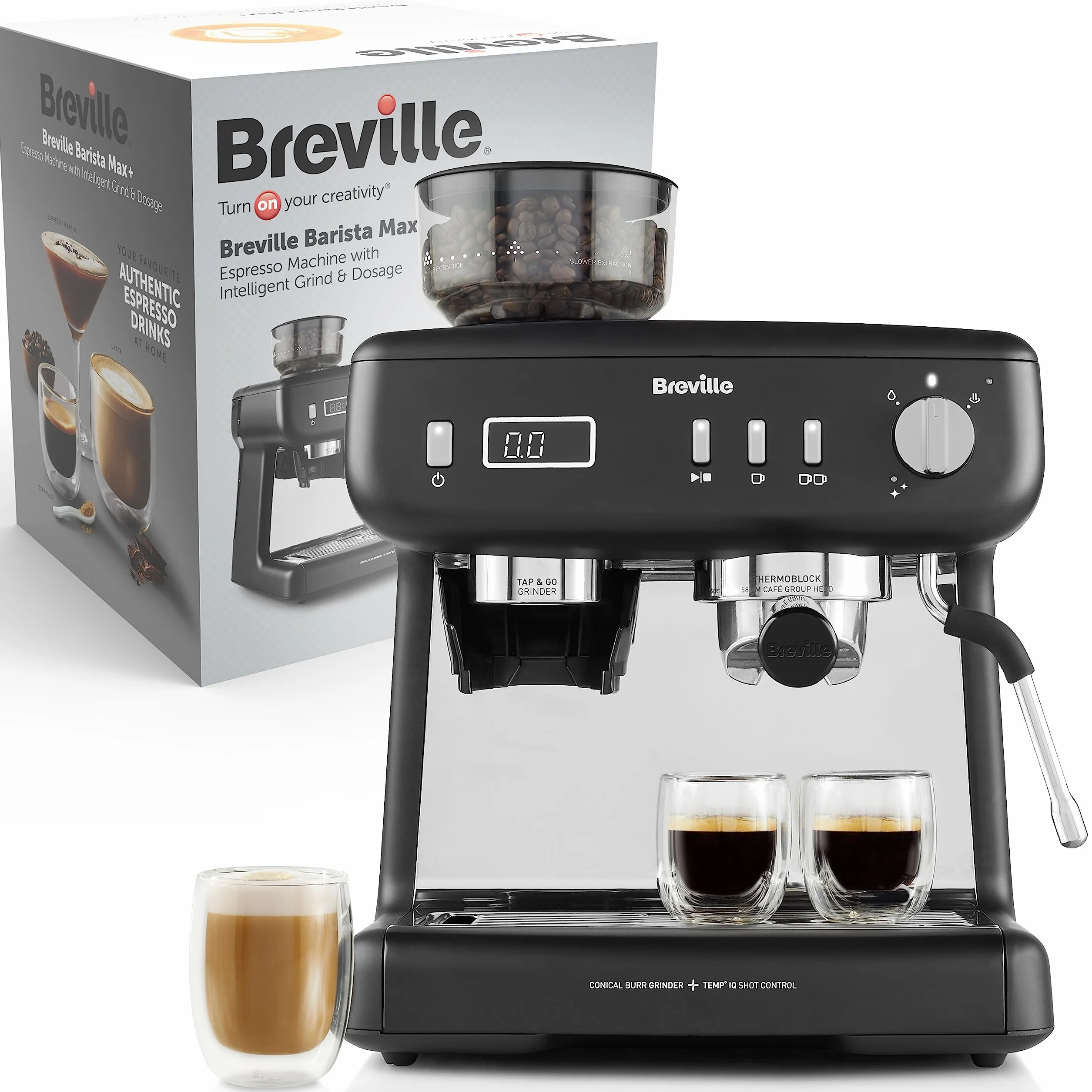 Breville Barista Max+ cafetera espresso | Molido y dosificación inteligentes | Temporizador de extracción de precisión | Espumador de leche integrado | Bomba italiana de 15 bares | Negro [VCF152X]