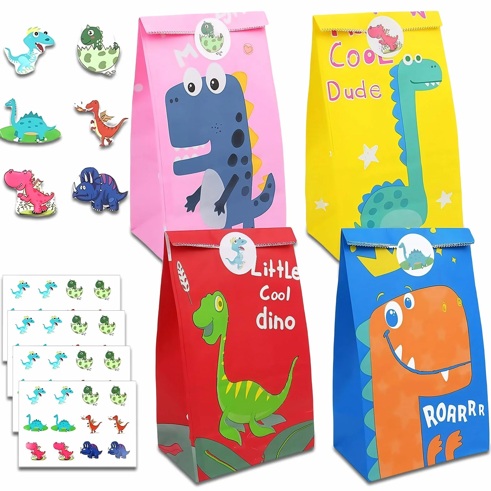 Flintronic 20PCS Bolsas de Regalo de Papel, con 24 Pegatinas de Dinosaurios (2 Piezas), Bolsas Kraft para Dulces, Fiesta Infantil, Celebraciones,Cumpleaños,Halloween,Navidad