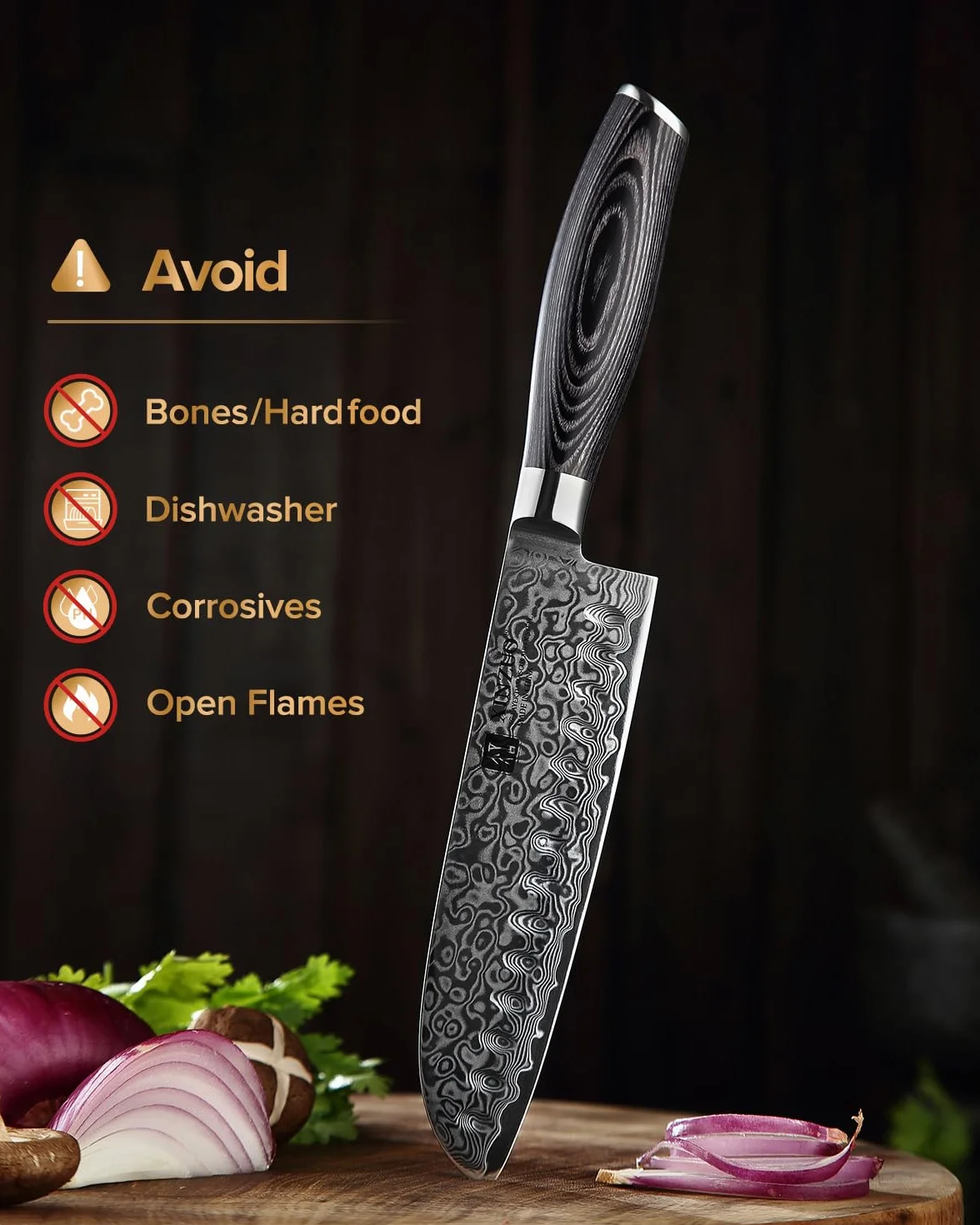 XINZUO Acero Damasco 7 Piezas Set Cuchillo profesional de chef Santoku con Bloque de Madera, Fileteador Universal Fruta,Tijeras de Cocina Multifuncionales con Mango de Pakkawood -Ya Serie