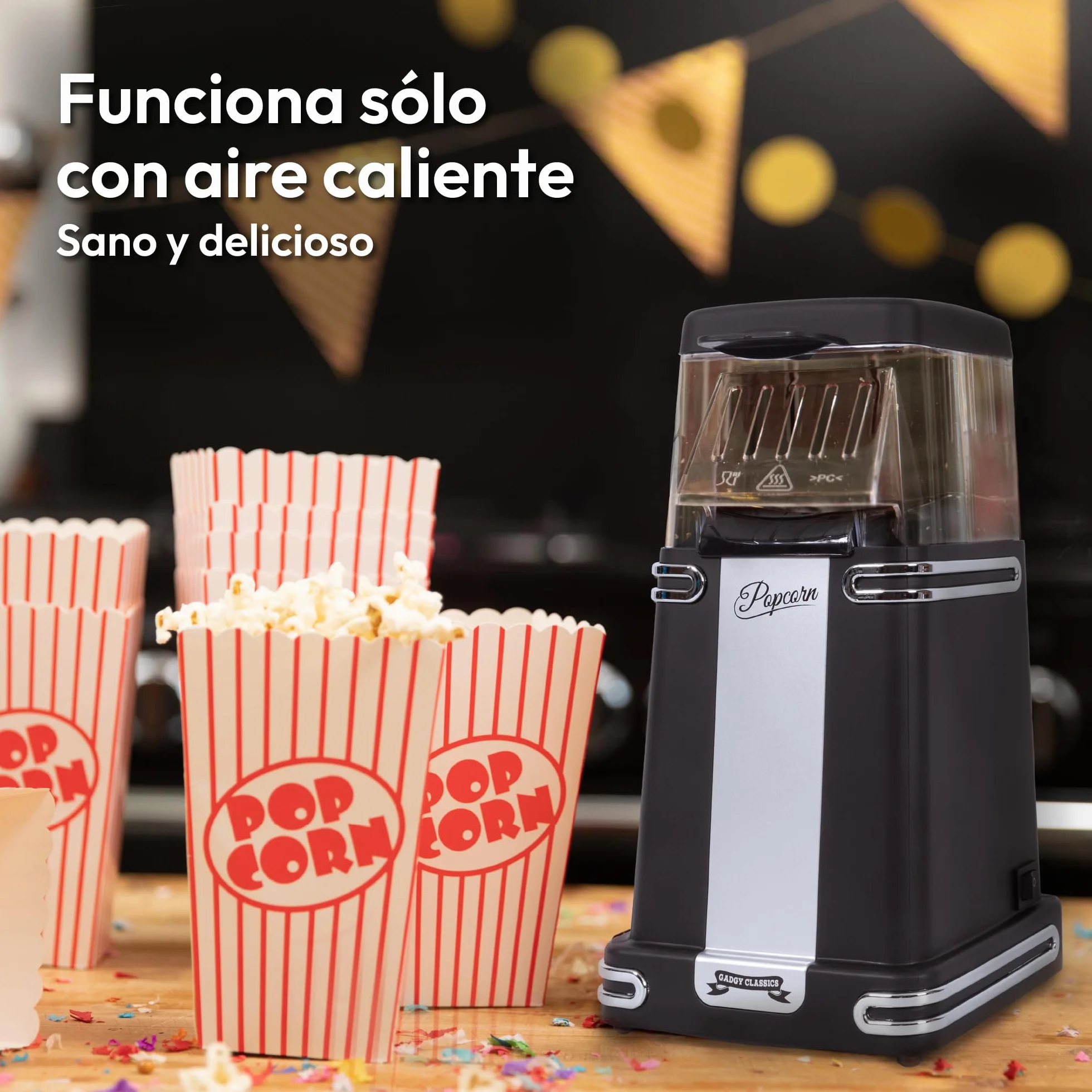 Máquina de Palomitas Gadgy Clásica, Aire Caliente Sin Aceite, Negro Retro