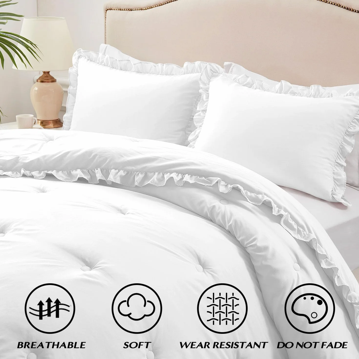 HARBOREST - Edredón matrimonial con volantes blancos para cama de tamaño matrimonial, juego de edredón esponjoso para todas las estaciones, juego de cama de 3 piezas Shabby Chic (1 edredón y 2 fundas