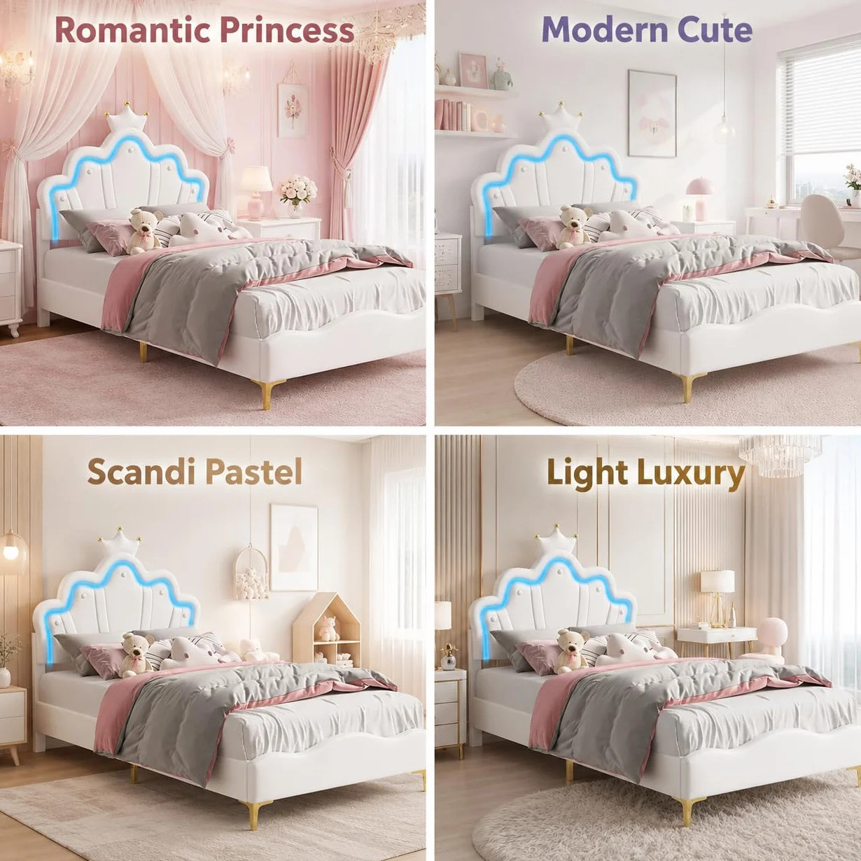 BRILVERDE Cama de Niña 90x200 con LED, Cama Princesa con cabecera coronada, Marco con somier de láminas, para niñas, para niños y adolescentes, PU (blanco, 90x200 cm)