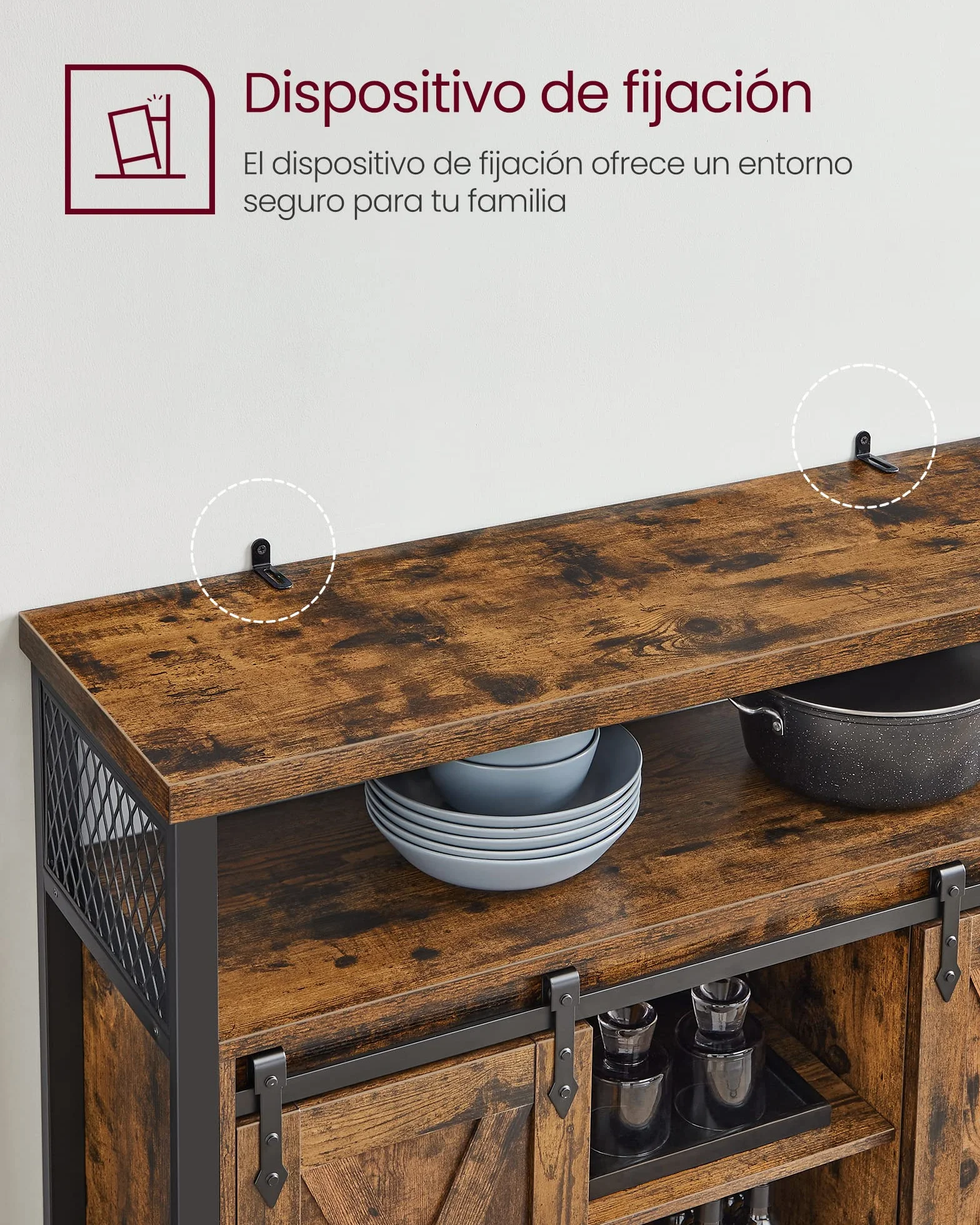 VASAGLE Aparador, Armario de Cocina, Armario de Almacenamiento, con 2 Puertas Correderas, 33 x 100 x 80 cm, Estantes Ajustables, para Salón, Marrón Rústico y Negro Tinta LSC092B01