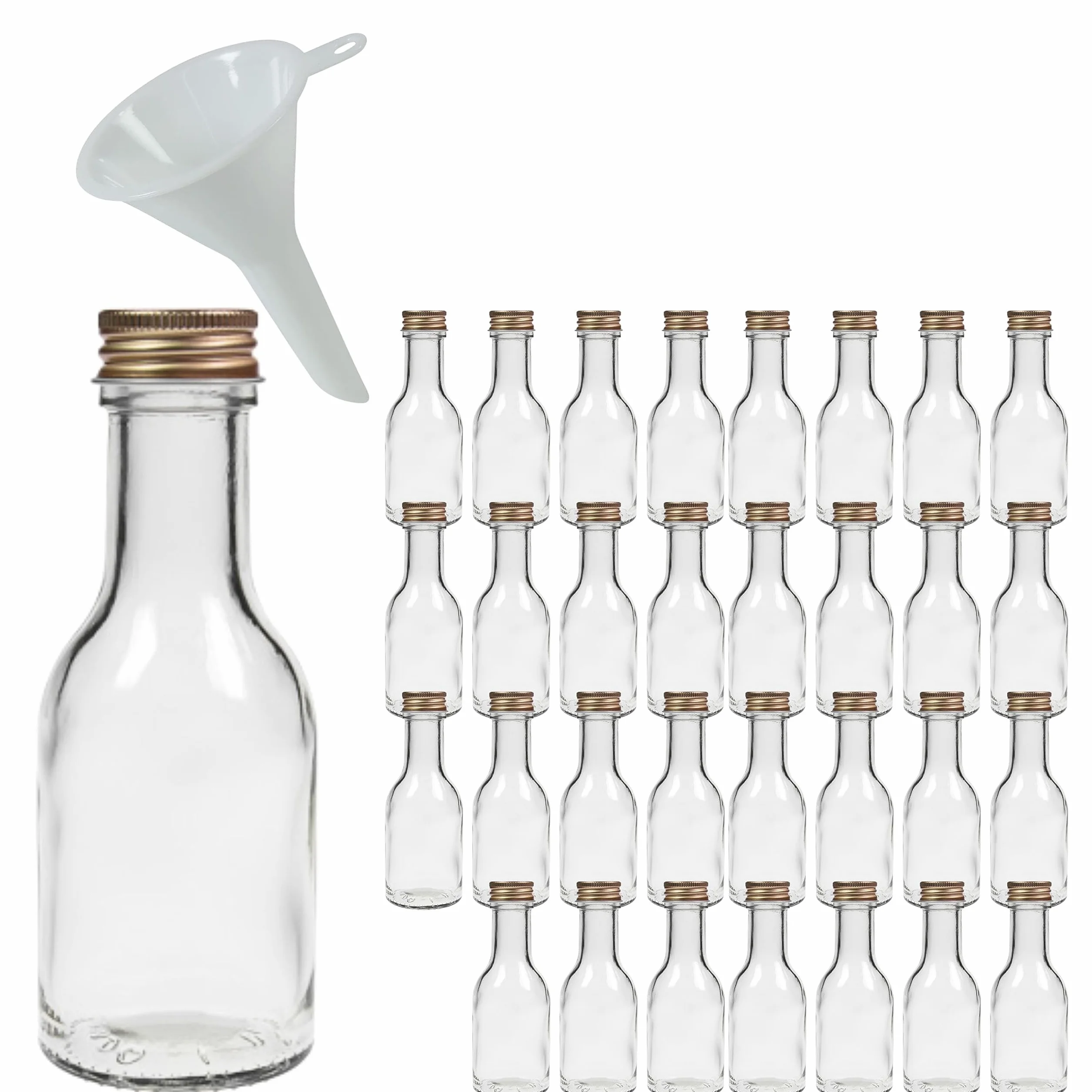 Viva-Haushaltswaren - Juego de Botellas de Cristal (con tapón de Rosca, 32 Unidades, 100 ml, rellenables, Incluye Embudo Blanco de 5 cm de diámetro)