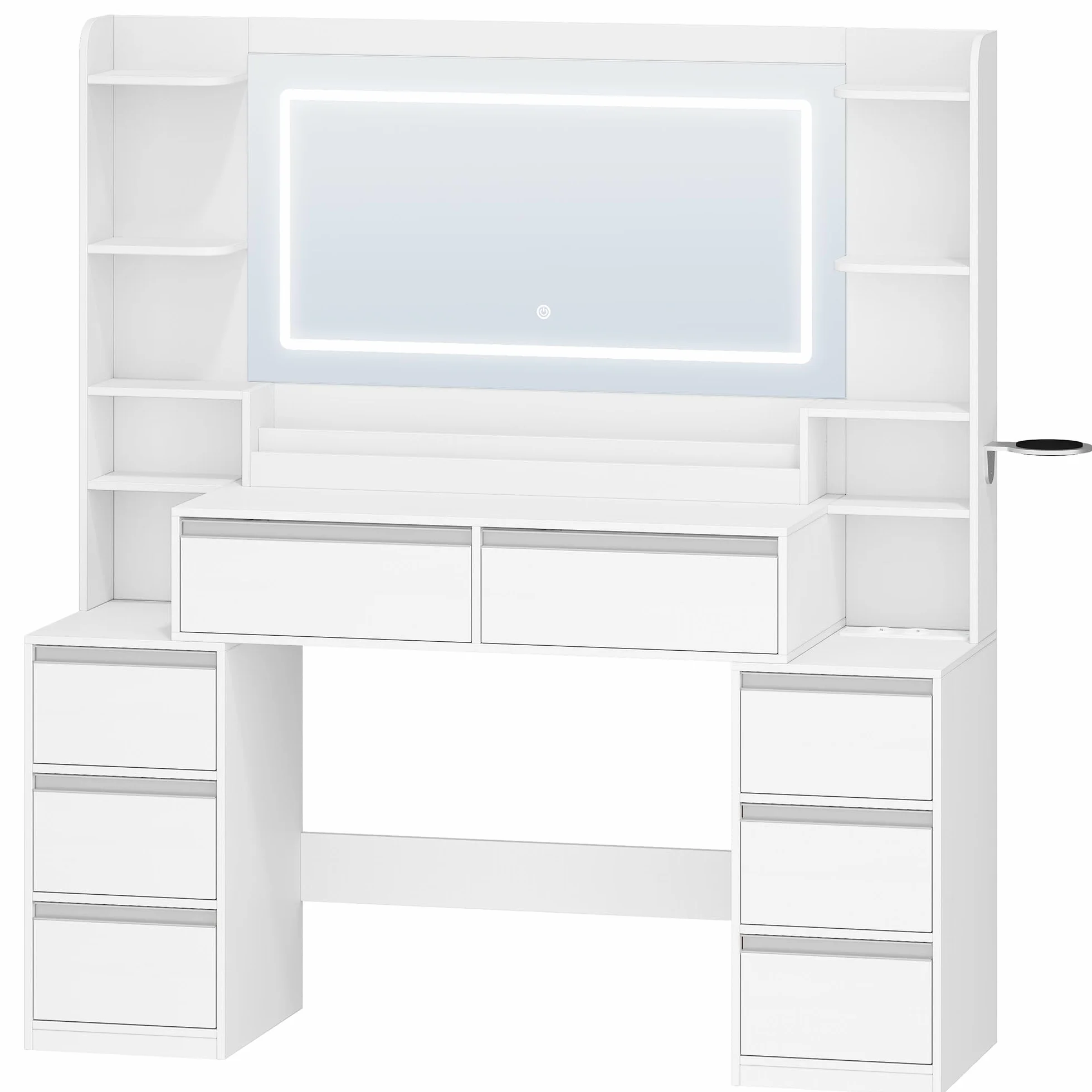 HEXCELEN 135 cm Tocador Grande, Tocador de Maquillaje con Luz LED, Grande Espejo, Mesa de Maquillaje con Prácticas Tomas de Corriente, 8 Cajones, Estantes Abiertos Mesa, Blanco-Plata