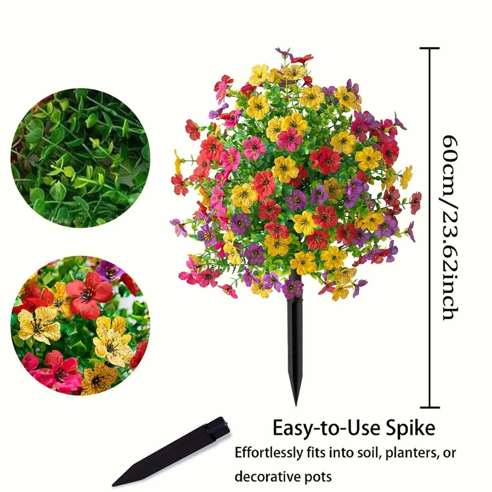 Árbol de topiario artificial con estaca, 2 unidades, 58 cm, bolas de flores artificiales, resistentes a los rayos UV y a la intemperie, bolas de imitación para jardín, porche, balcón, multicolor (c)