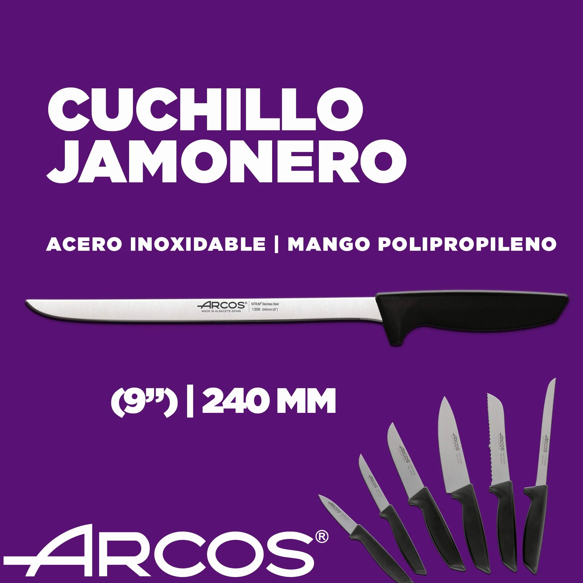 Arcos Juego Cuchillos Cocina Profesional 6 pzas Acero Inoxidable Mango Negro Serie Niza