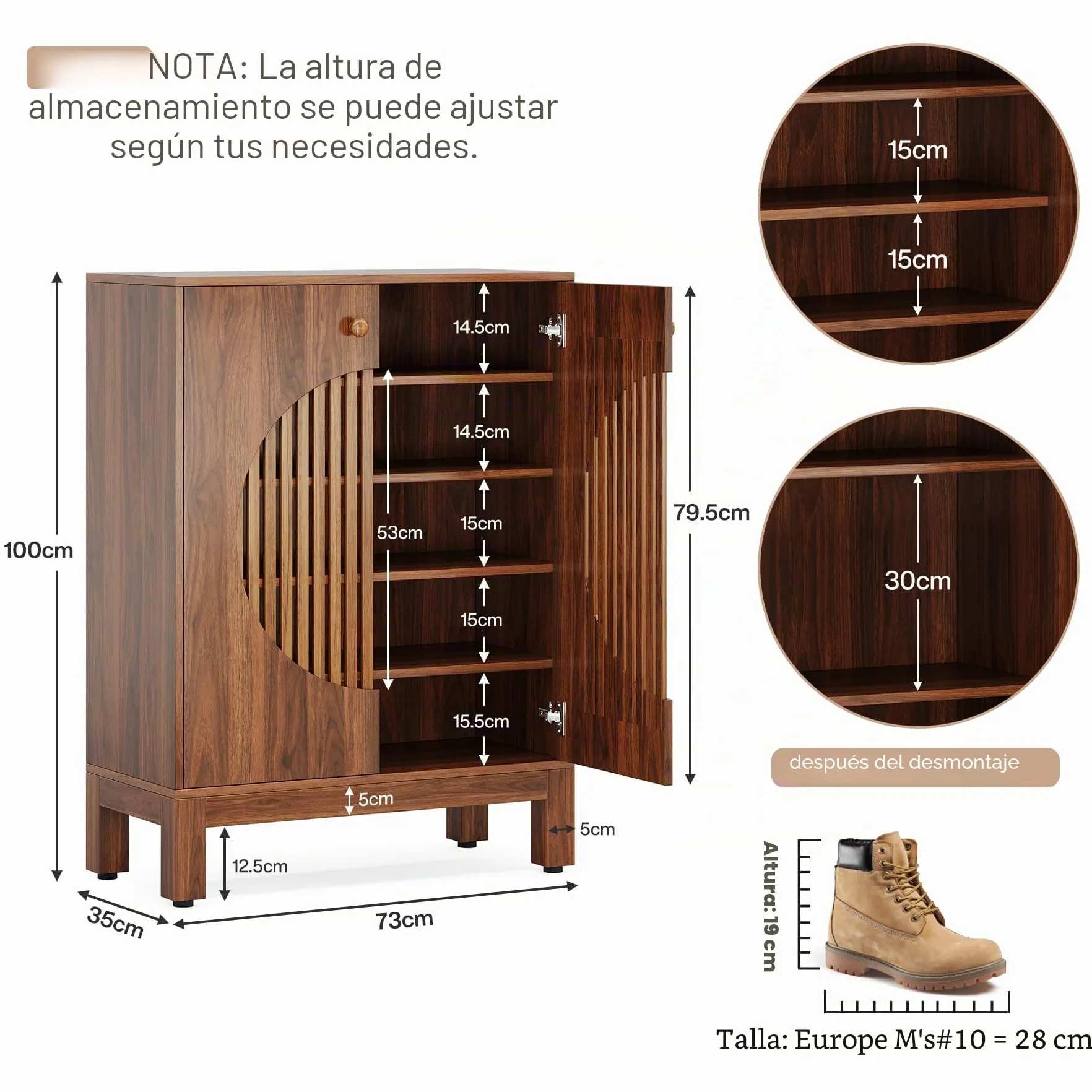 Tribesigns Zapatero de 5 niveles con puertas redondas con persianas, 20 pares de armarios de almacenamiento de zapatos de granja con estantes ajustables, organizador de madera para entrada, pasillo,