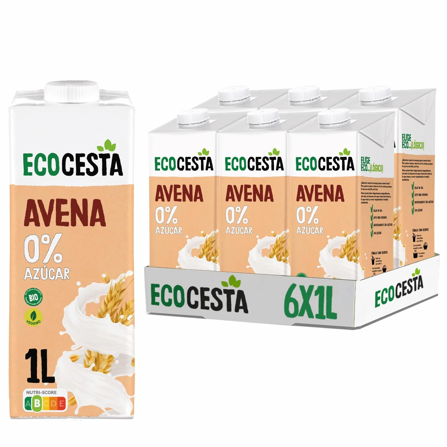 ECOCESTA Bebida Ecológica Vegetal de Avena Pack 6x1L Sin Azúcar Añadido Vegano