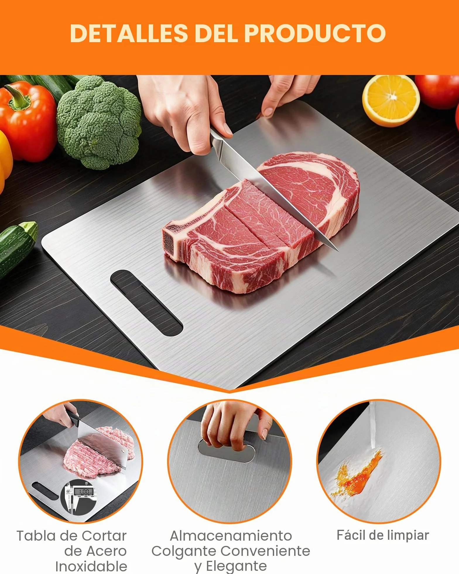 Set de 2 tablas de cortar de acero inoxidable – Tabla de cortar acero inoxidable de doble cara, ideal como tabla cortar cocina para carne, pan, gran superficie de corte (34 × 23 cm + 25 × 15 cm)