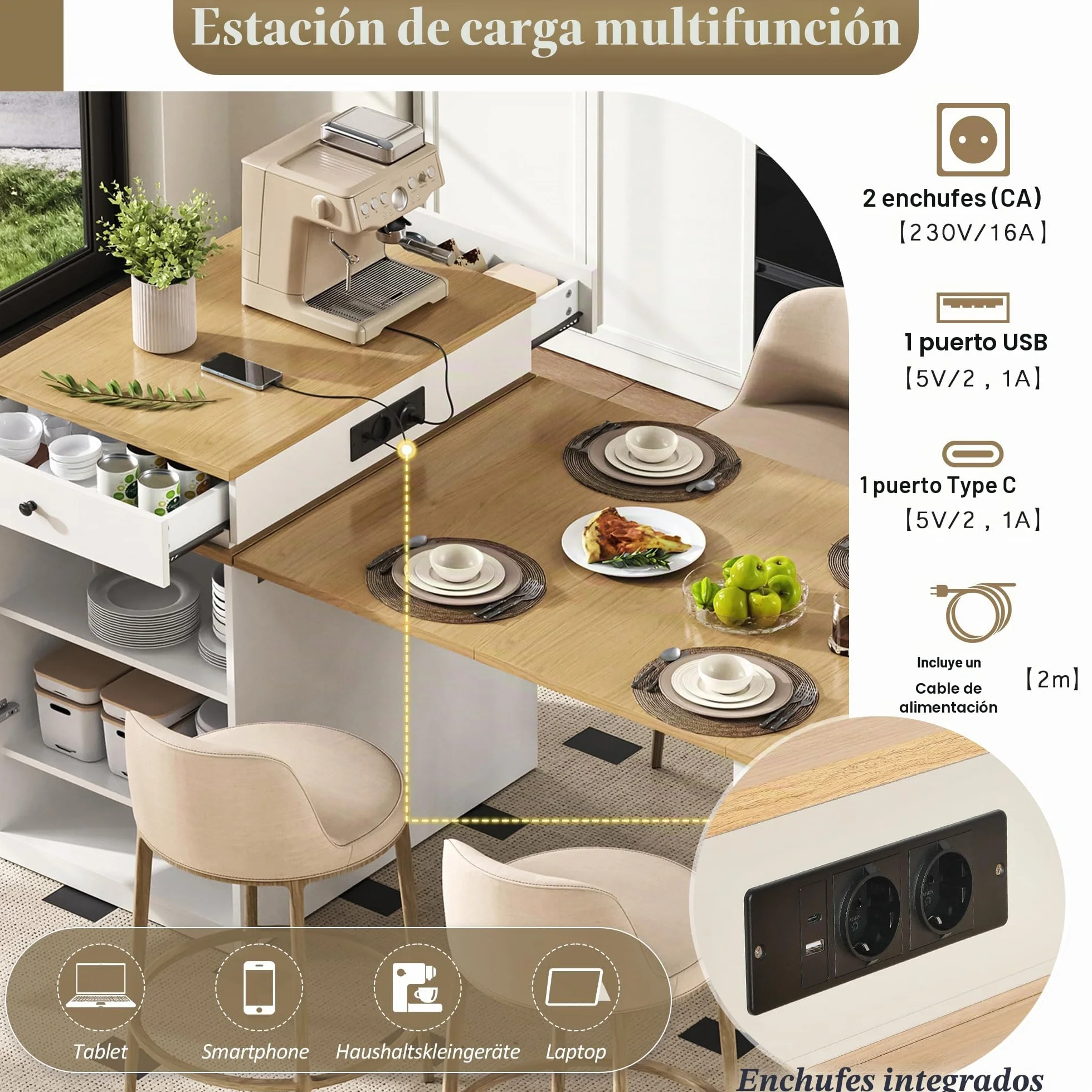 Bladez Isla de cocina con ruedas, mesa de comedor extensible con tapa extraíble, mesa de bar con regletas y espacio de almacenamiento, aparador con puertas de cristal para cocina y comedor (blanco-A)