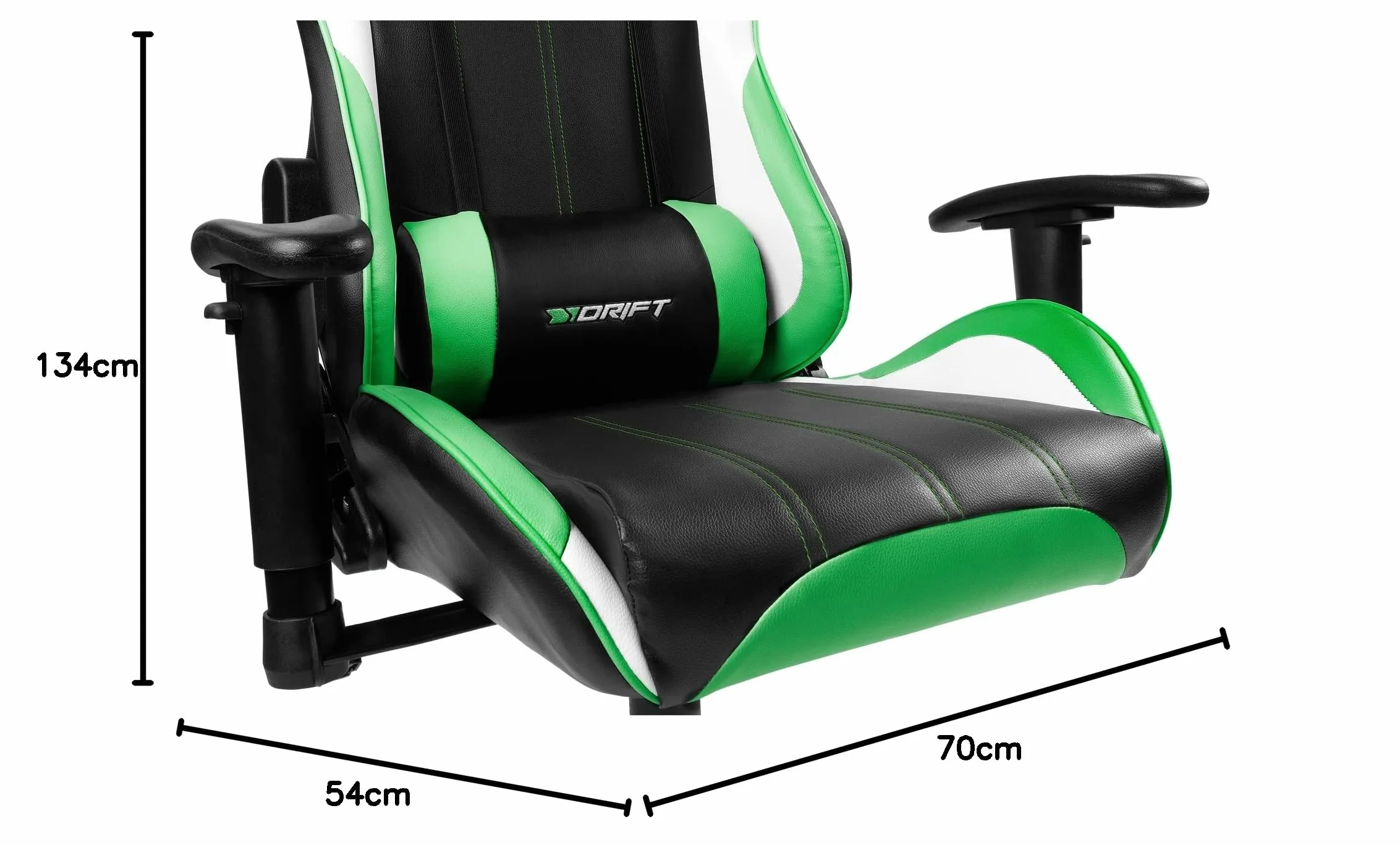 DRIFT GAMING DR175 - Silla Gaming Profesional, polipiel, reposabrazos ajustables 2D, pistón clase 4, giratoria, mecanismo de mariposa, cojín lumbar y cervical, color negro/blanco/verde