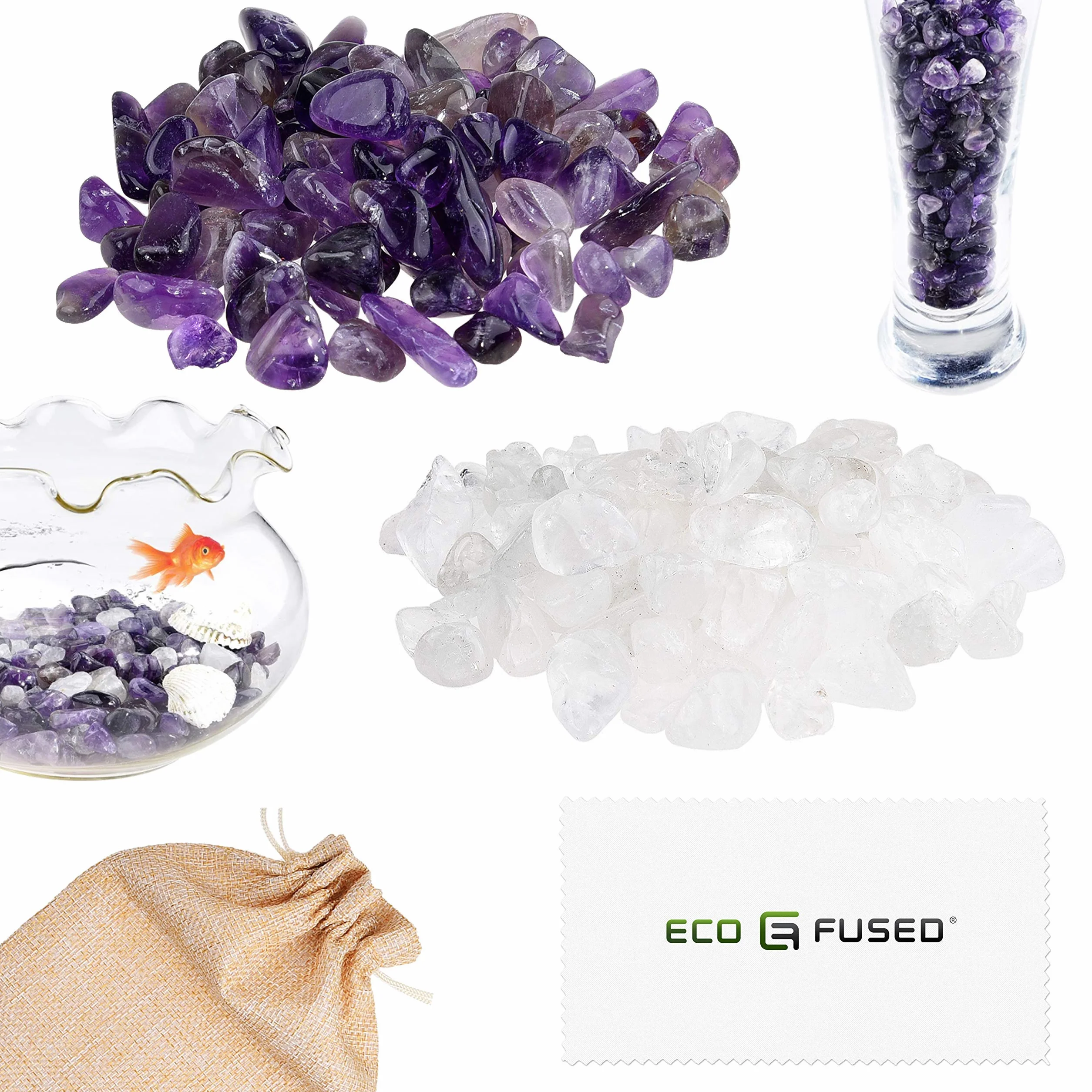 Eco-Fused Piedras de Cristal Pulidas Amatista y Cuarzo – Piedras Naturales con Formas Irregulares para Arte, Manualidades, Joyería, Decoración y Más – Decoración para Acuarios, Plantas y Velas