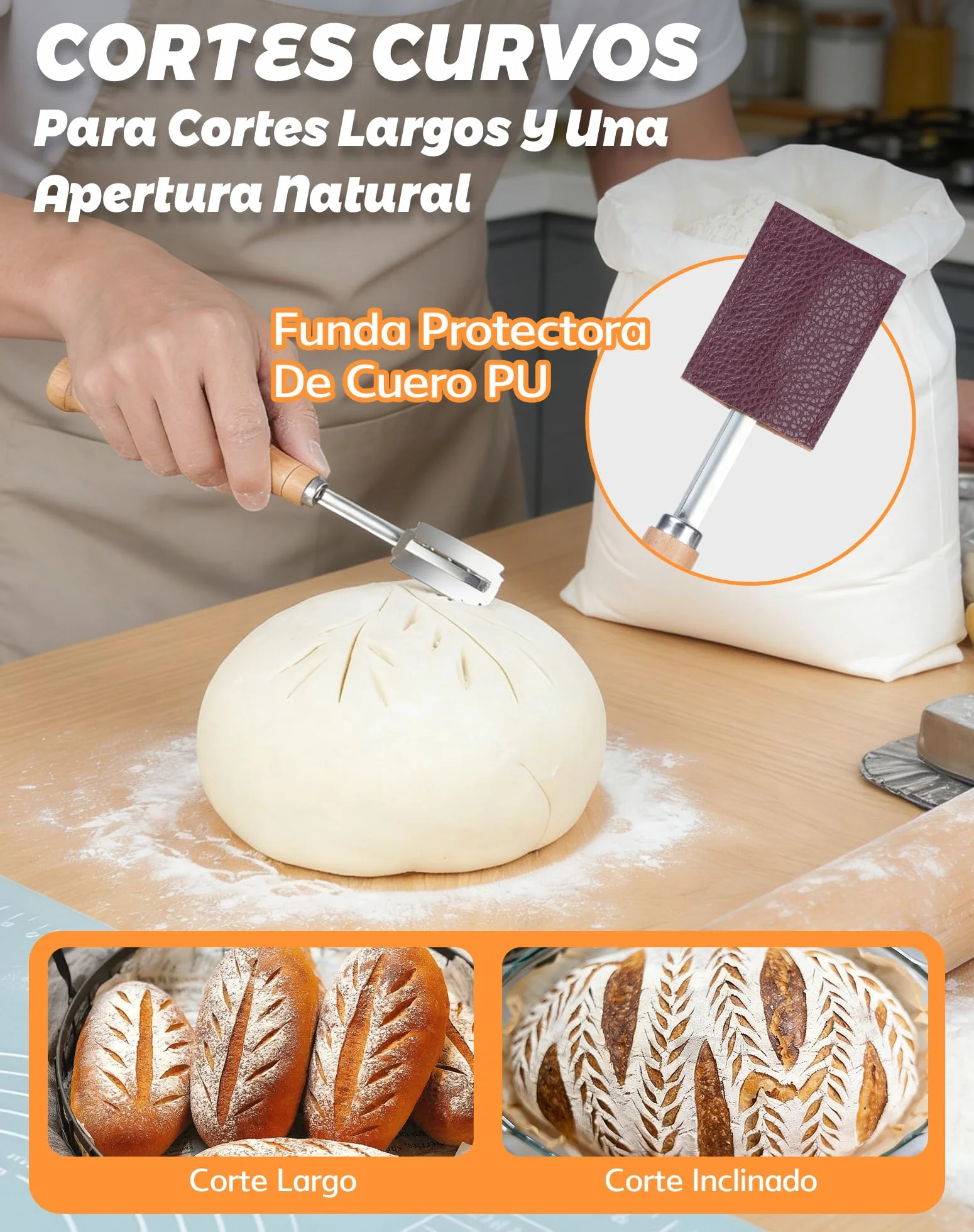 Kit Panadería 5 Piezas con Cuchilla para Pan, 2 Cuchillas Panadero Recta Curva con 20 Hojas de Repuesto, Batidor Danés, Rasqueta y Pincel, Accesorios para Masa Madre y Pan Artesanal, Acero Inoxidable