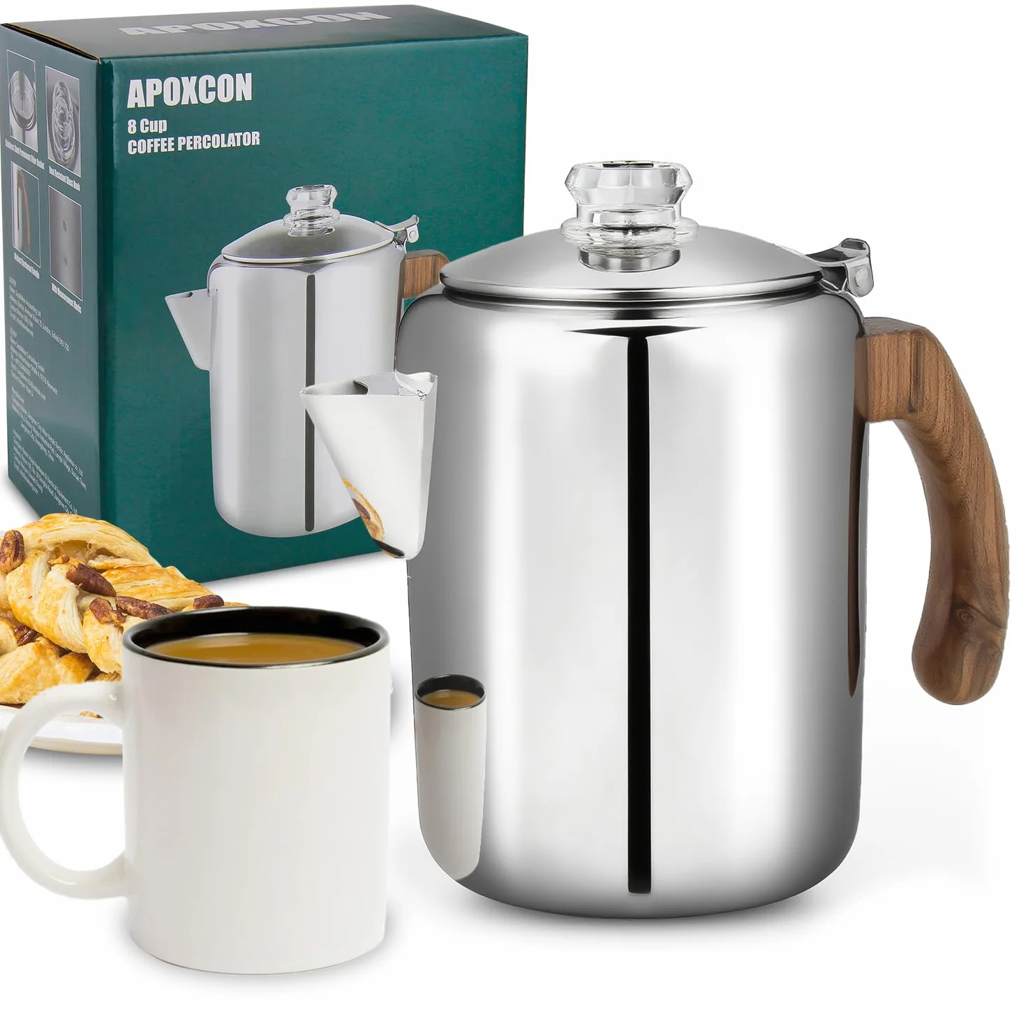 Cafetera percolador de acero inoxidable con perilla de vidrio y mango de madera - para camping y estufa