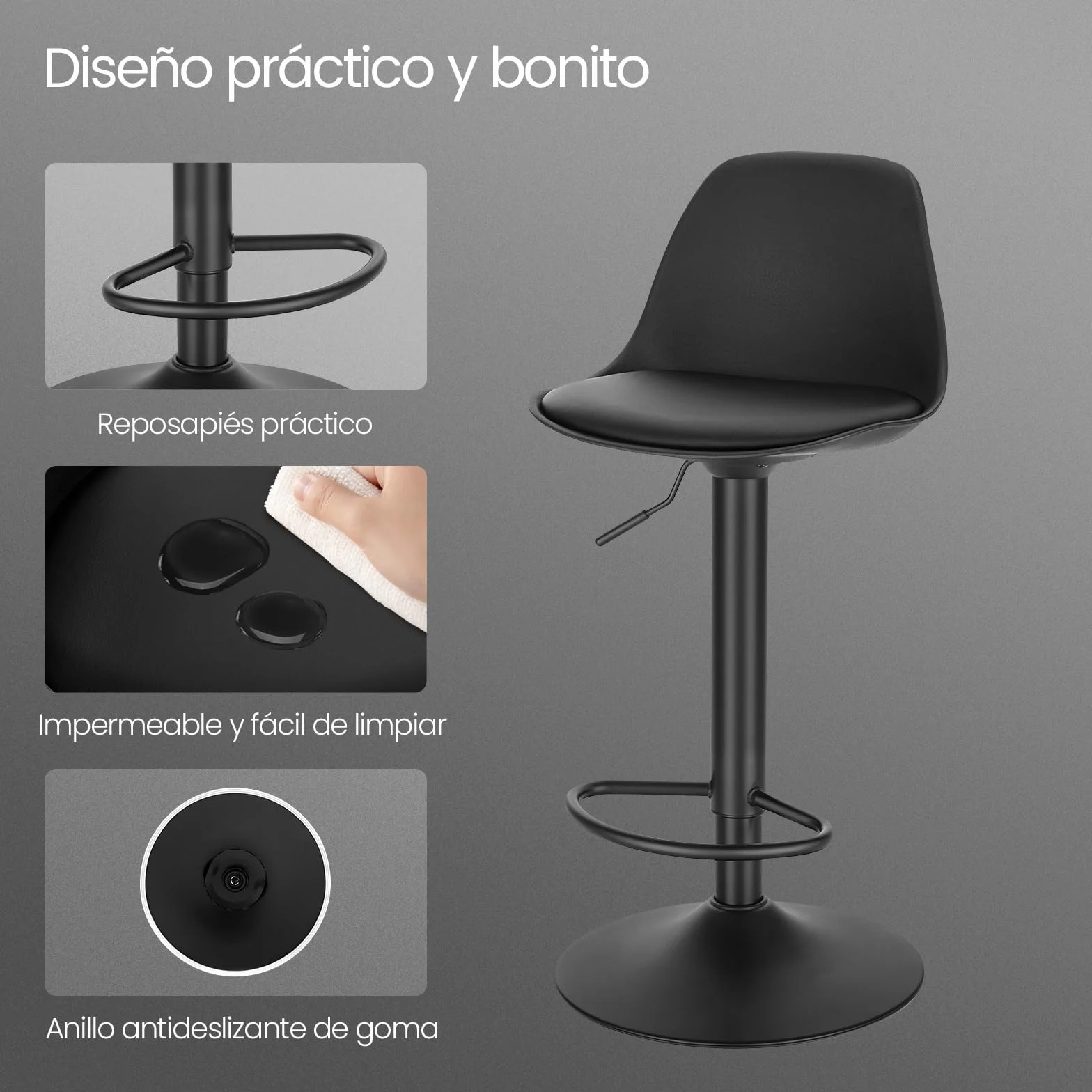 EUGAD Juego de 2X Taburete de Bar Giratorio, con Altura Ajustable Entre 60,5 y 82 cm, Taburete de Cocina, Estructura Metal, con Respaldo y Reposapies, Negro Tinta, Cuero Sintético