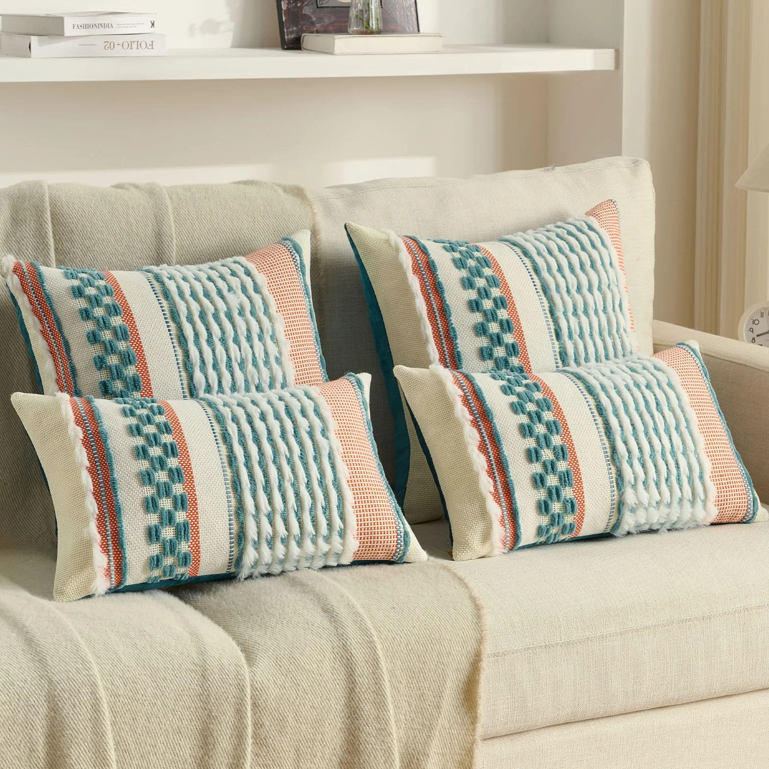 Ystyle Juego de 2 Boho Funda Cojin 50x50, Fundas Cojines Decorativa con Rayas y Textura Tufted Suave, Fundas de Cojines para Decoración del Hogar Sofá Dormitorio, Cian