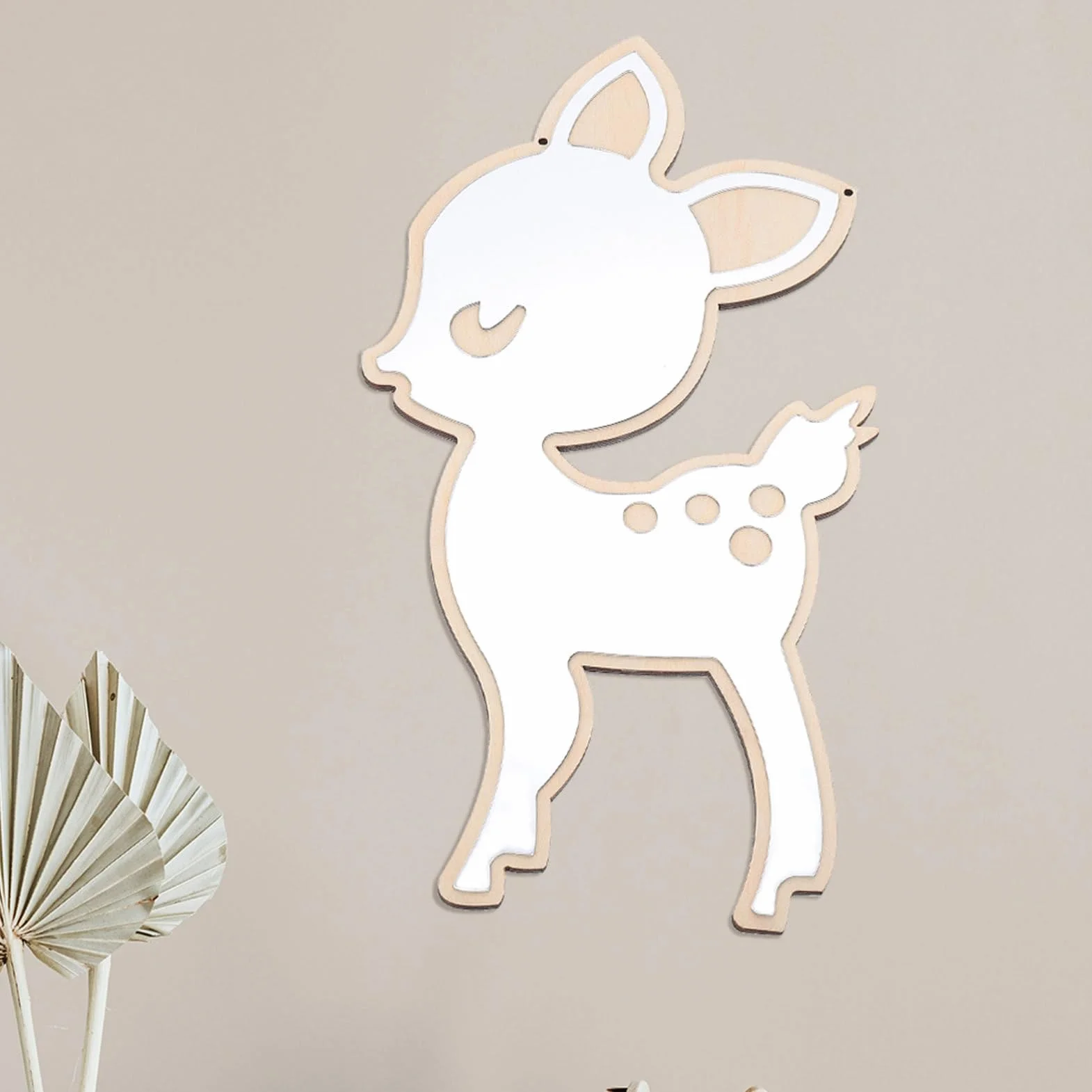 HOMSFOU Espejo De Ciervo De Madera Decoración De Pared Nórdica Acrílico No Vidrio Irrompible Espejo Decorativo para Sala De Estar Sala De Juegos Infantil De Pie Y Colgante
