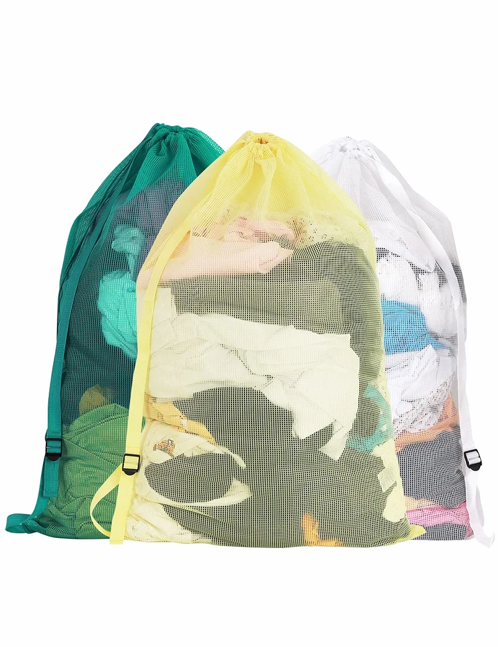 Daly Kate - Paquete de 3 bolsas de lavandería de malla con correas ajustables para el hombro individuales, 24 x 36 pulgadas, material de nailon resistente, forro de lavandería con cierre de cordón