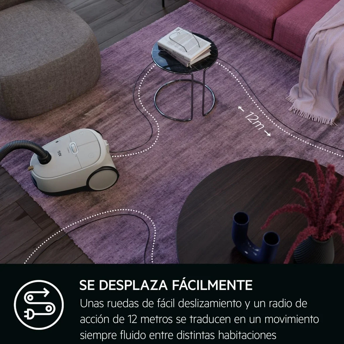 AEG AB61H6SW Aspiradora de Trineo con Bolsa, 850W de Potencia, 3,5L de Capacidad, Radio de acción 12m, Ruedas XL, Filtro Lavable, 3 cepillos + 3 Accesorios, 10 años garantía, Blanco