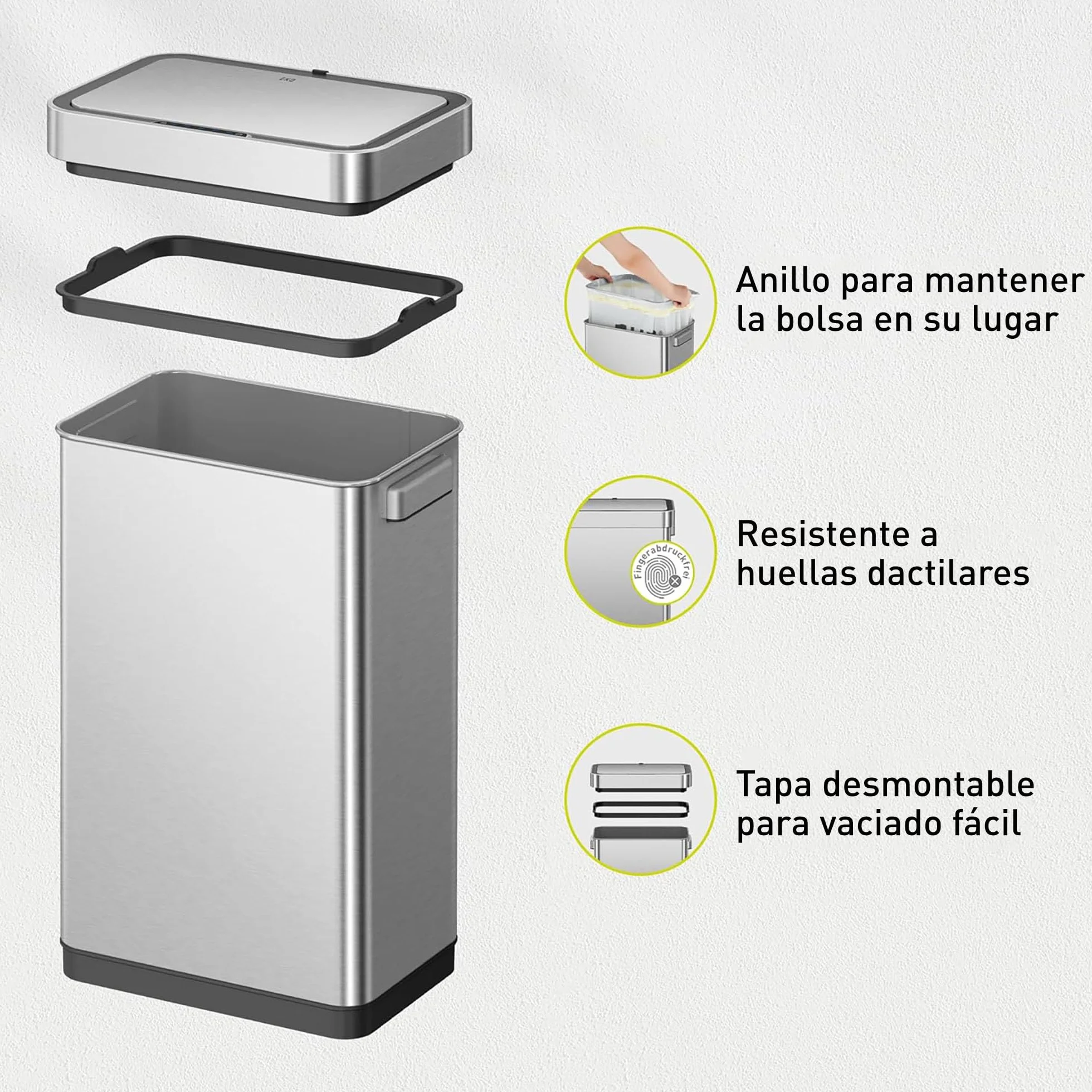 EKO Deluxe Mirage-T - Cubo de basura rectangular con sensor de movimiento sin contacto de 50 litros/13.2 galones, acabado de acero inoxidable mate