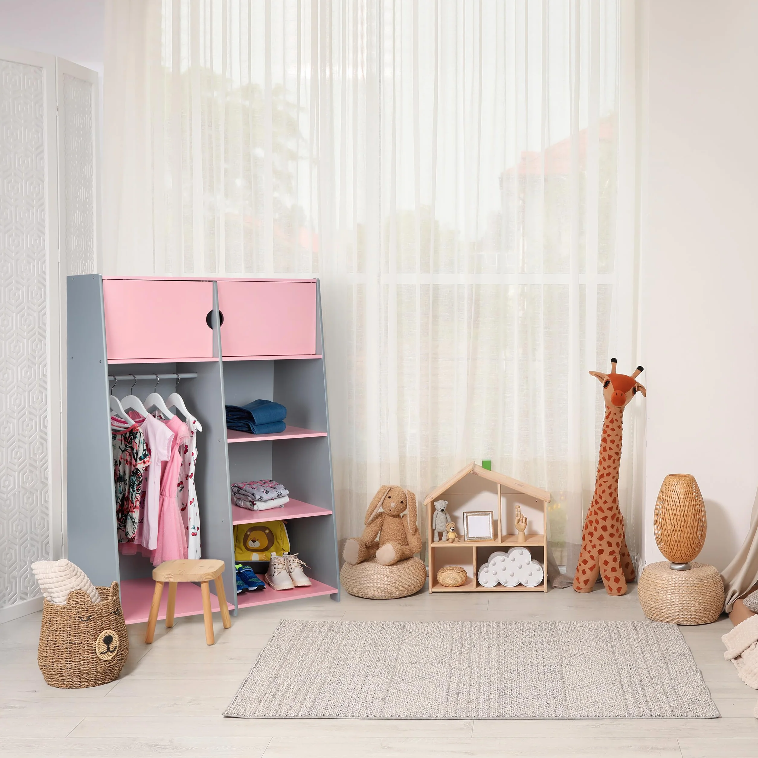 Relaxdays Armario Ropero Infantil con Cajones 120x90x48 cm MDF Gris y Rosa
