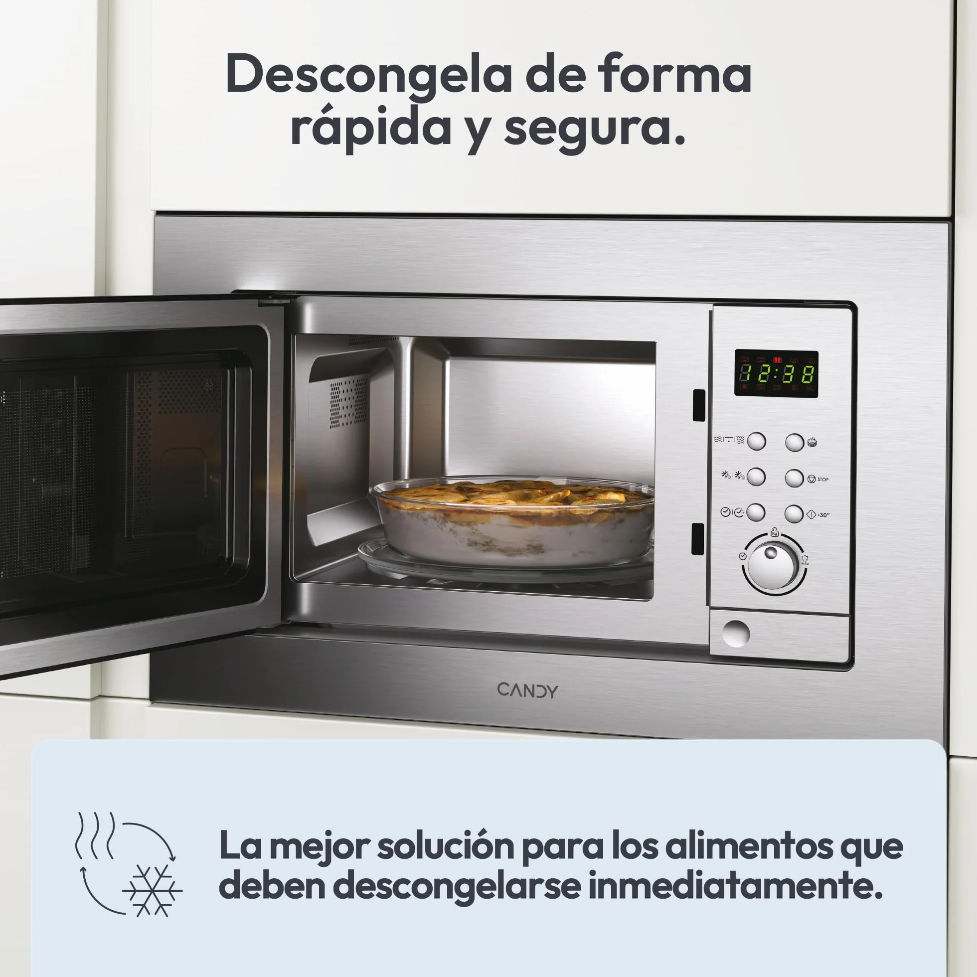 Candy MIC201EX, Microondas integrable con grill, 20L, Digital, Con marco, 8 programas automáticos, Plato giratorio 24,5cm, Descongelación tiempo y peso, 800W/1000W, Acero inoxidable antihuellas