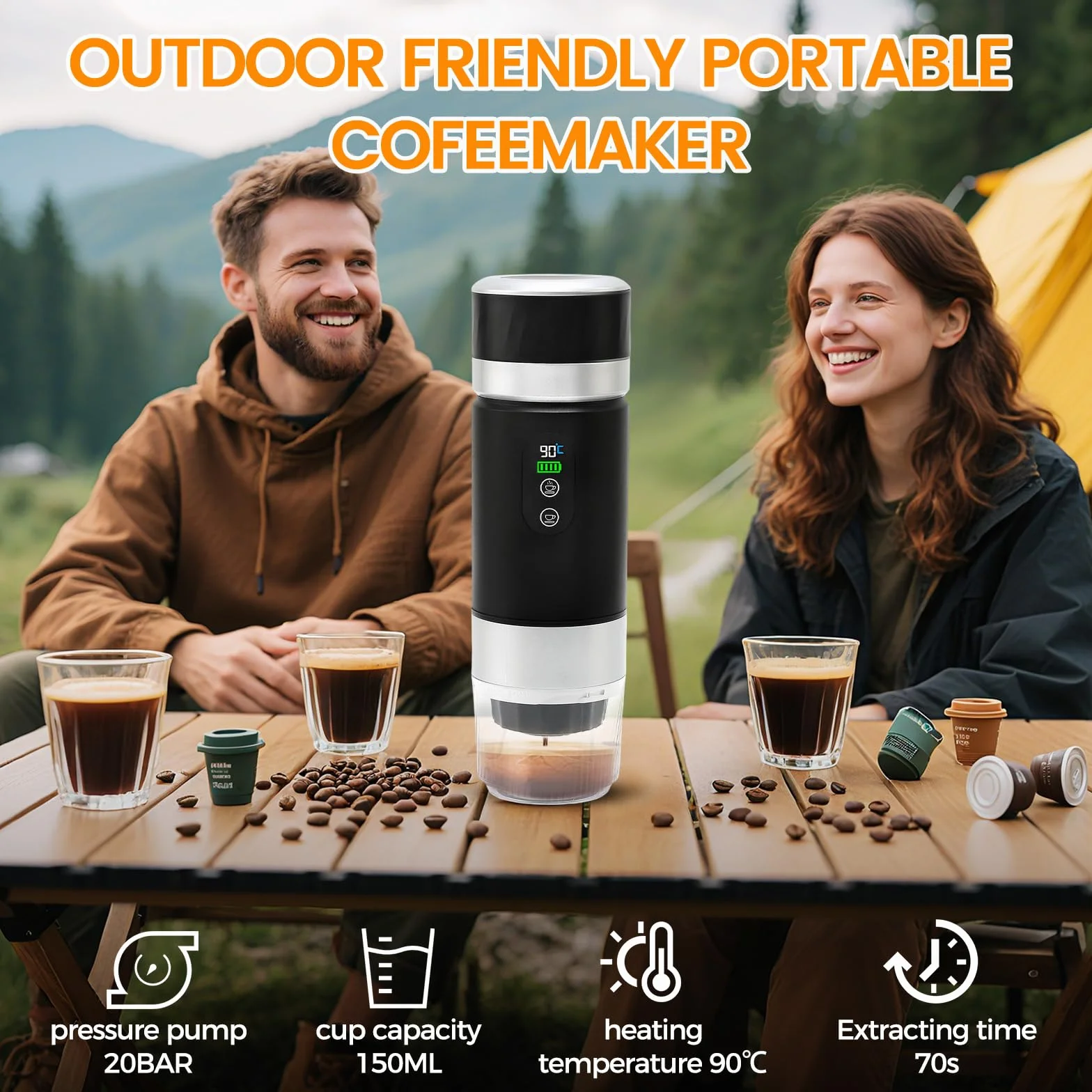 Cafetera Portátil Eléctrica 3 en 1 con USB, Compatible con Cápsulas y Café Molido, para Acampadas y Oficina (Negro)