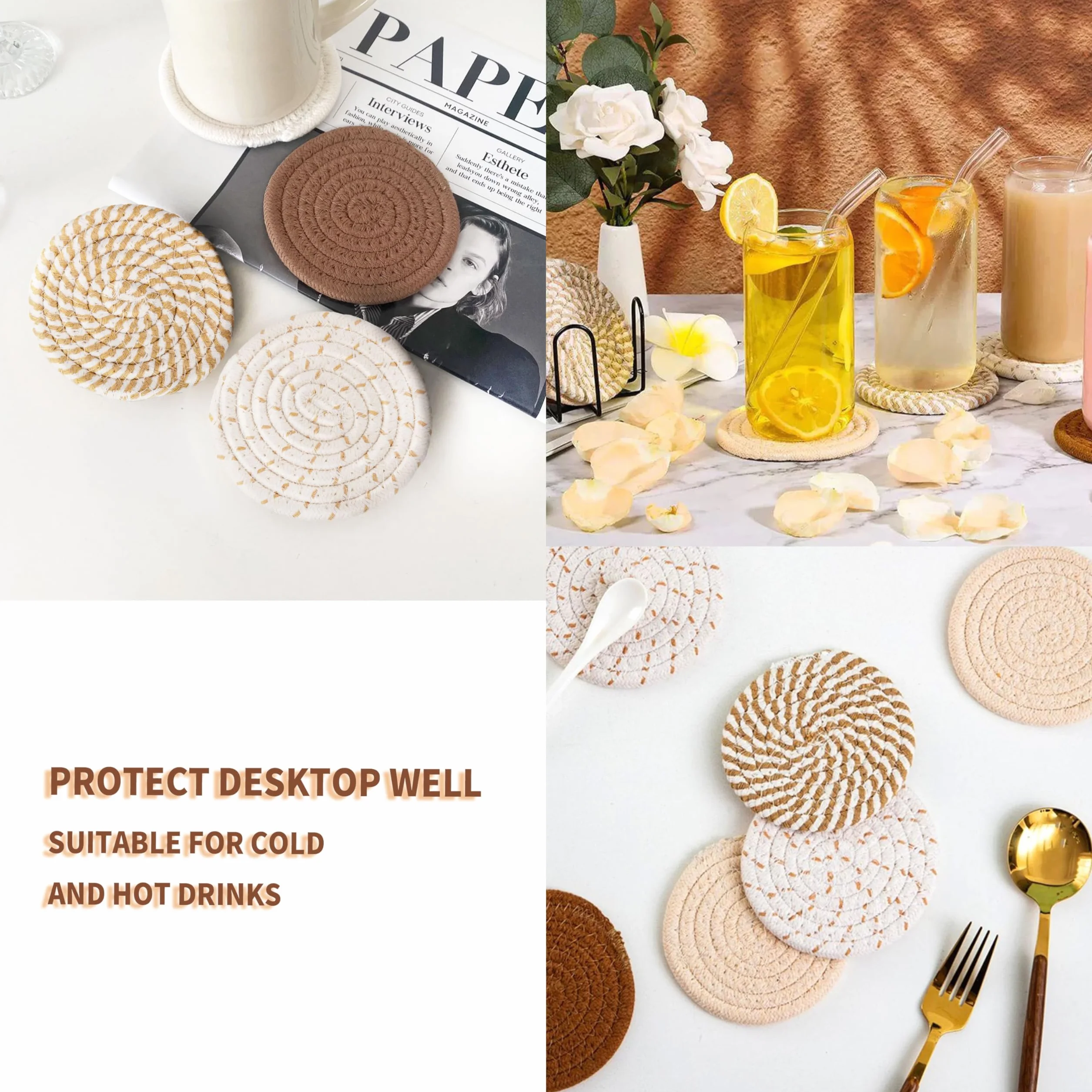 8 Posavasos Redondos para Vasos y Bebidas - Con Soporte, Antideslizantes, de Algodón Trenzado para Tazas de Cristal (Amarillo)