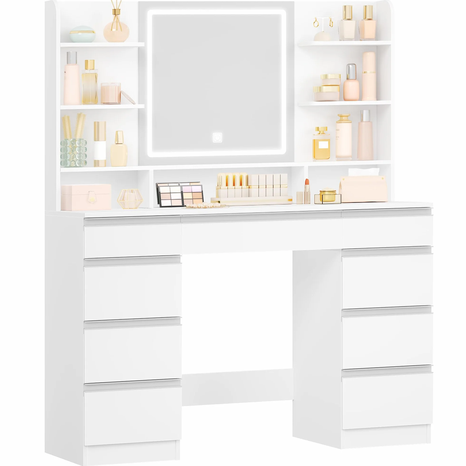 Tocador Grande con Iluminación LED, 3 Colores, Brillo Ajustable, Mesa de Maquillaje con Espejo, 9 Cajones, Estilo Moderno, Blanca-Plata